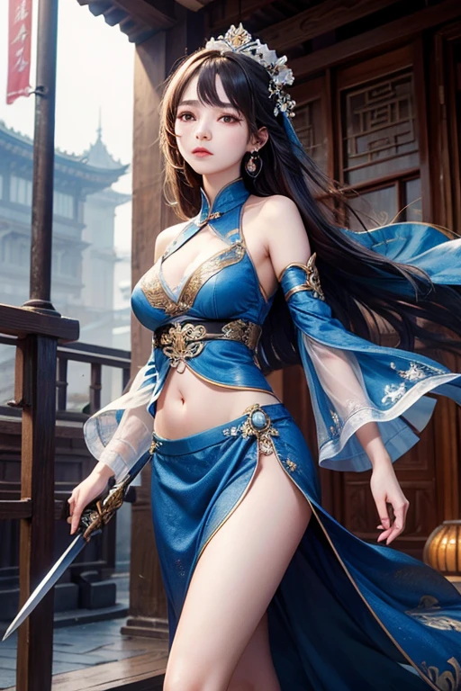 Best quality,masterpiece,ultra high res,(photorealistic:1.4),xiuxian,weapon,Detailed face, 1girl,solo,weapon,cleavage,(magic circle:1.2),xiuxian,upper body,Beautiful girl,full body,huge breasts,east asian architecture,sheath,architecture,