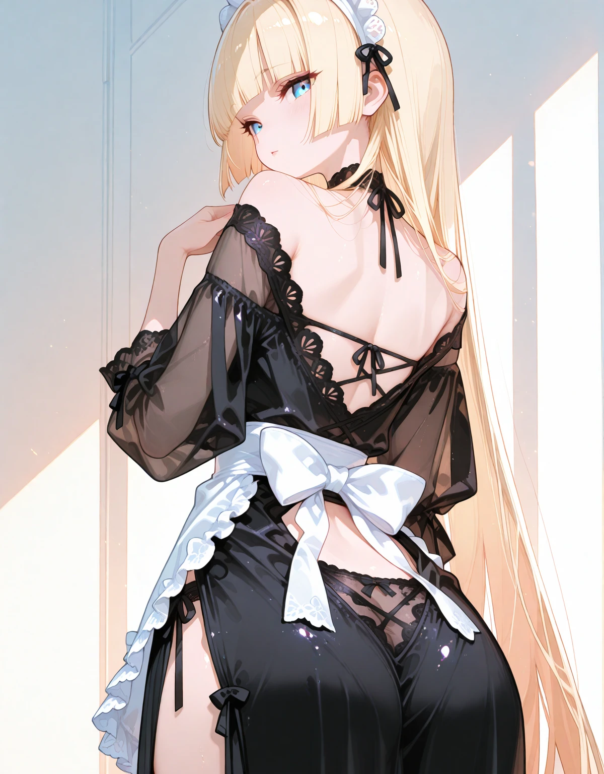 <lora:pose mirror:1> mirror,, ultra detailed, masterpiece, best quality, solo, soft smile, light smile,
1girl, blue eyes, very long hair, blonde hair, long blonde hair, french braid, bangs, medium breasts,
hair ribbon, frilled choker, criss-cross halter, sleeveless dress, high-waist skirt, backless dress, waist bow, detached sleeves, frilled sleeves, wide sleeves, pantyhose, patterned legwear, mary janes,