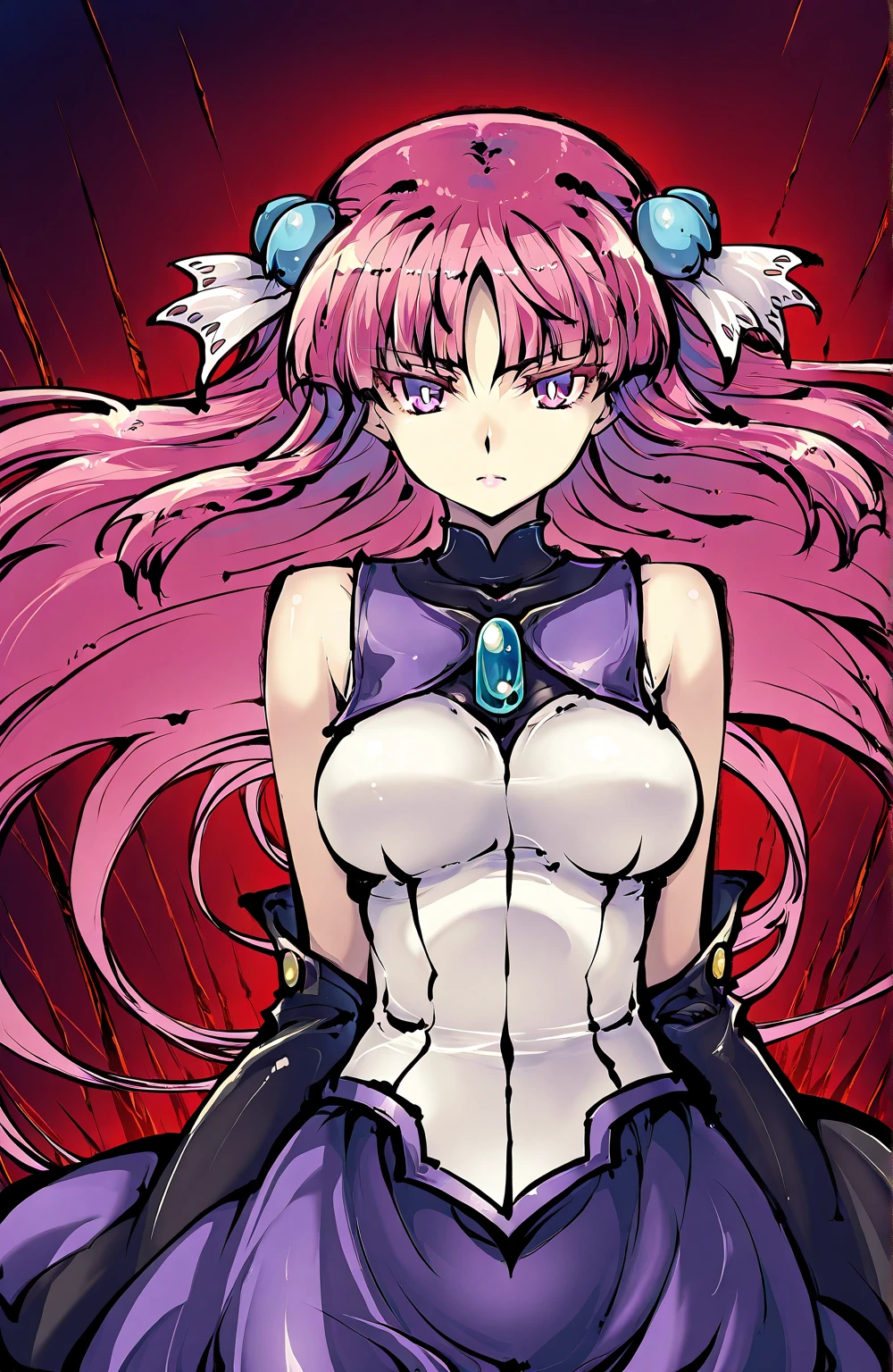 masterpiece, best quality, looking at viewer, 1girl, solo, pink eyes, <lora:prinzrupprecht-al-richy-v1:0.8> prinz rupprecht \(azur lane\), cleavage, white dress, long dress, bride, bridal gauntlets, bridal garter, bridal veil, hands on hips,