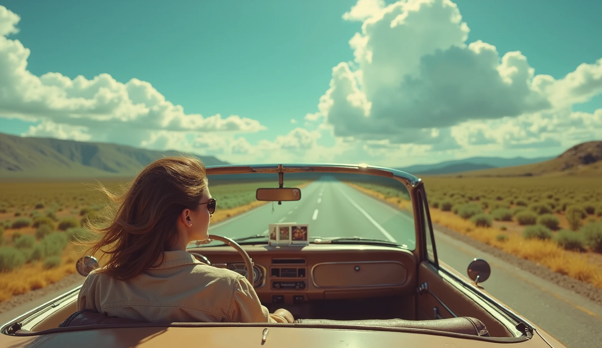 beautiful brazilian woman driving an old VW Beetle barefoot seen from behind's the car pedals