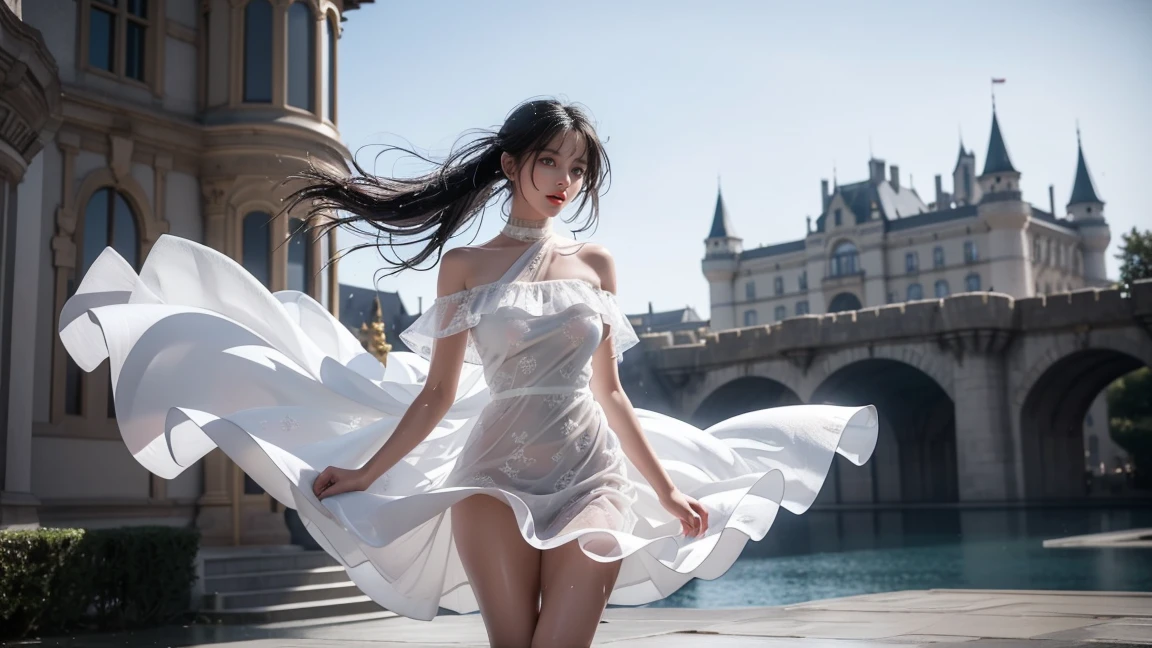 ((Girl standing in front of the wall of an old castle))、Fluorescent color、1 Girl、Look to the side、Beautiful Face、Beautiful Eyes、(Off the shoulder:1.2)、Upper Body、Shiny Hair、Glowing Skin、 Reduce glare、Adjusted finger proportions、escrow、ass pov、Dynamic Angle、(((Master Parts)))、(((Highest quality)))、(((Super-detailed))) detailed)、(An illustration)、(detailedな光)、(Very delicate and beautiful)、dramatic_Shadow、Ray_Tracking、reflection、 Ultra-high resolution、((Colorful and black hair mesh girls))、 Her hair flutters in the wind、(big deep blue eyes)、Black-haired woman、 Sparkling butterfly、Black-haired woman、Points of light around the woman、Magical Aura、Green dot、About Auras Nature、超Magical AuraBlack-haired woman,((Off the shoulderの半透明の白いドレス:1.3))、(Sleeveless)、((My skirt is flying up in the wind)),((An old European castle looms in the distance)),((White panties are visible)),