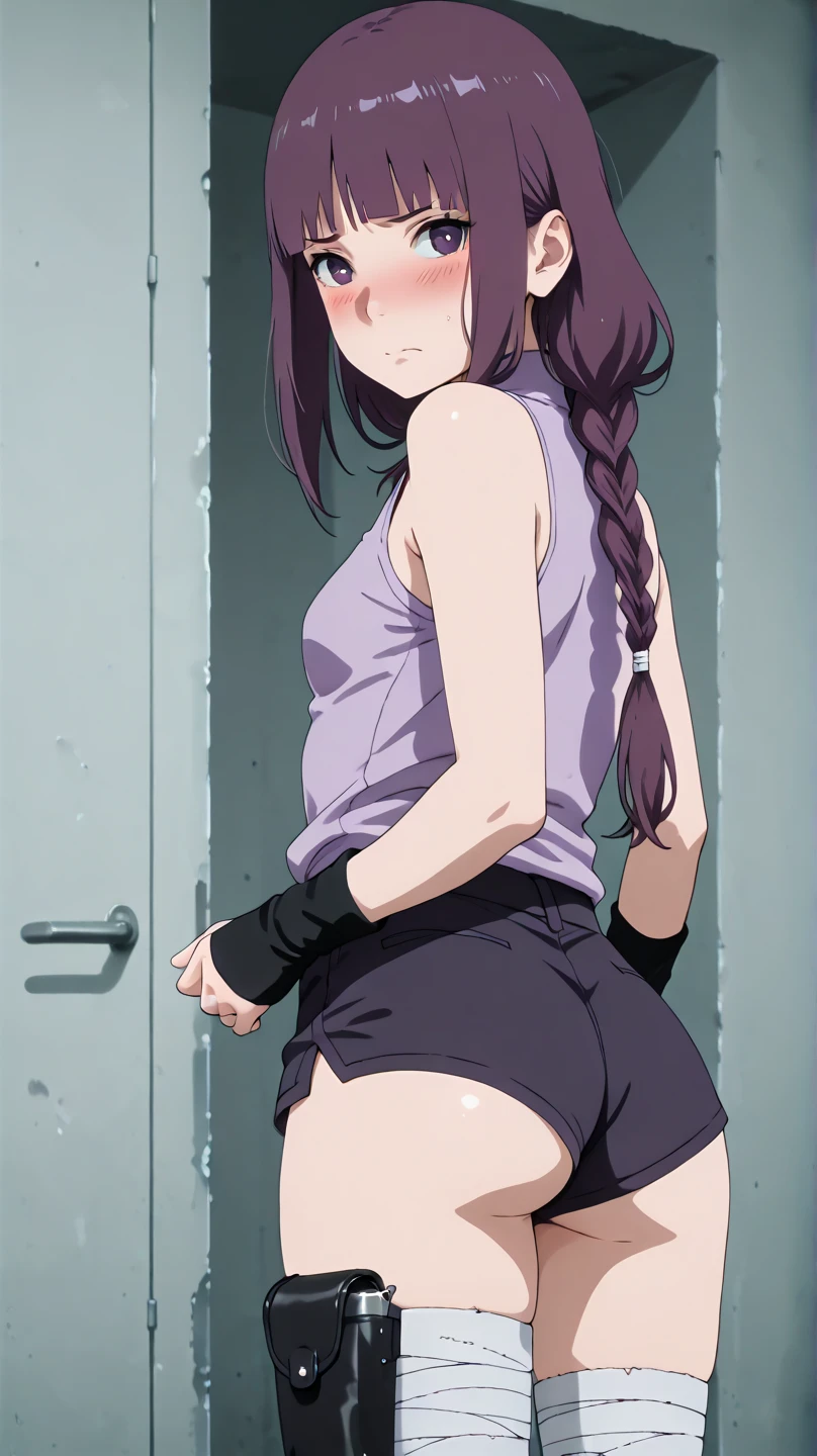 tennis girl in tight mini virgin killer sweater, rear butt anus, showing her anus, on her knees, wearing oven mittens tucked in pockets, blindfold