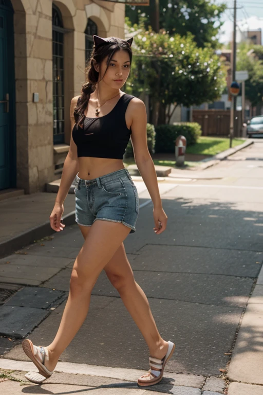 sexy young girl, with good body, dark brown hair, Brown eyes, black shirt, blue jeans, white tennis shoes, walking
