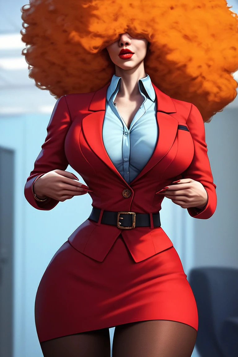 ((Massive, beautiful, buff, pale white skinned muscular woman with orange hair, green eyes, black lipstick, ginormous bulky muscles)), (((orange three-piece suit))), necktie, blazer, (((orange suit jacket))), (((waistcoat))), double-breasted waistcoat, (((pencil skirt))), ((pencil skirt)), tie clip, pocket square, pocket watch, pantyhose, high heels, (close view), massive muscles, hyper muscles, long shaggy hair, in an courtroom, 
