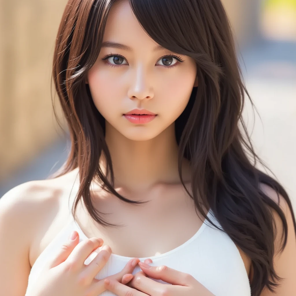 (8k, RAW Photos, highest quality, masterpiece:1.2), (Realistic, photo-Realistic:1.37), Super detailed, Ultra-high resolution,1 girl,View Viewer,Beautifully detailed face,smile,narrow,(Slim waist:1.3),shirt, Beautifully detailed skin, Skin Texture, Floating Hair,Professional Lighting,Large Breasts、I can see her cleavage、Bra worn、Bra is visible、