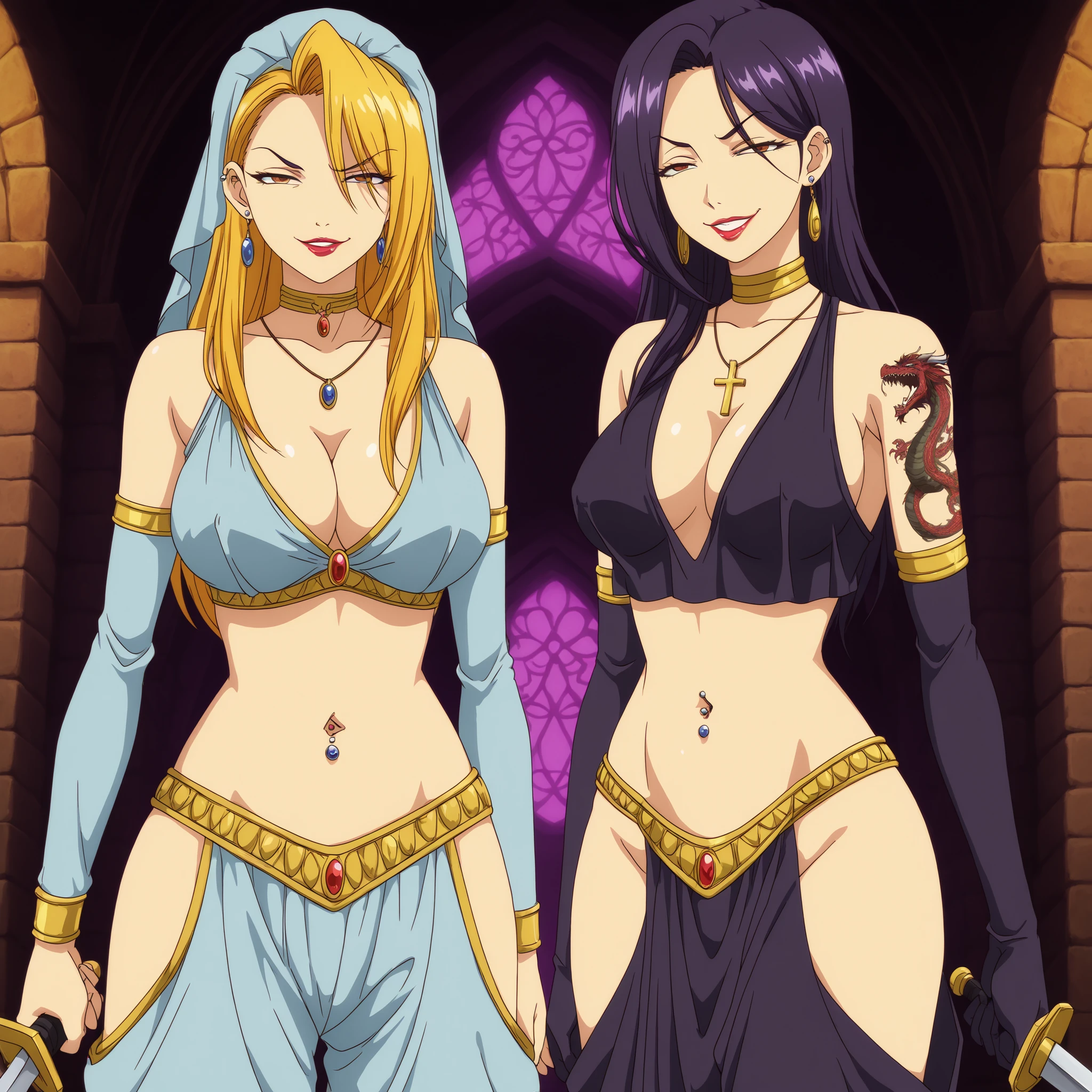 high quality, masterpiece quality, full body, cowboy shot, 1woman, demon, ram witch horns, olive skin, tanned skin, gold yellow colored eye, ((dark blonde colored hair) long back braid), large breasts, large wide hips, in a ((dark purple colored off the shoulder ruffled dress and ruffled purple skirt)), cleavage, smug smile, purple lipstick, in a cobblestone background backdrop