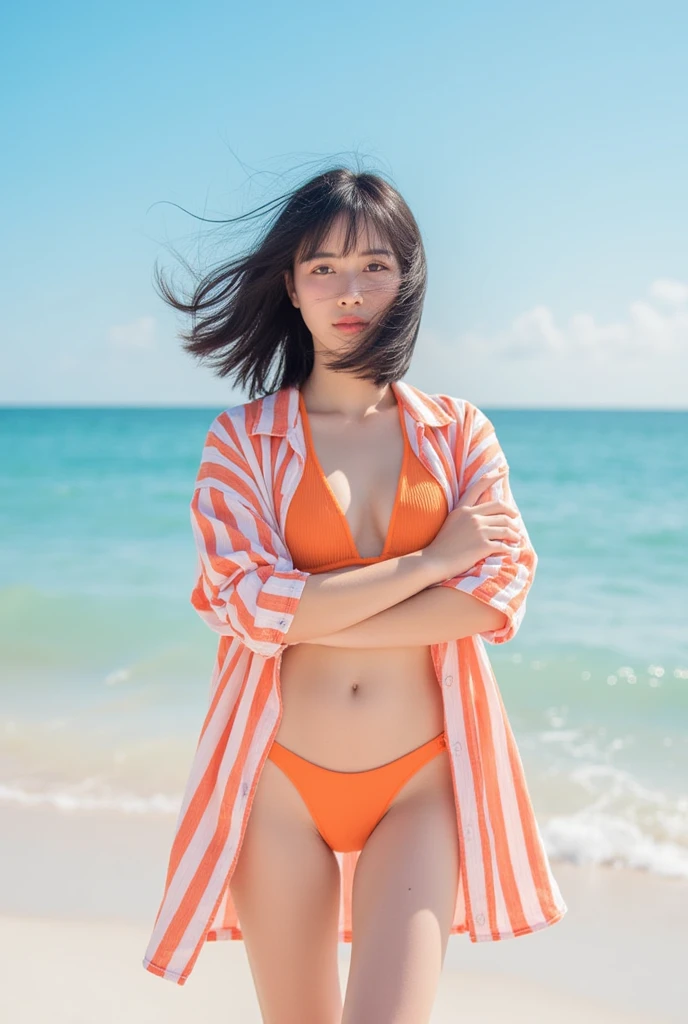Cute fit Korean girl wearing a sexy orange bikini with a yellow jacket with sunglasses doing a sexy pose in front of the sunset at a beach