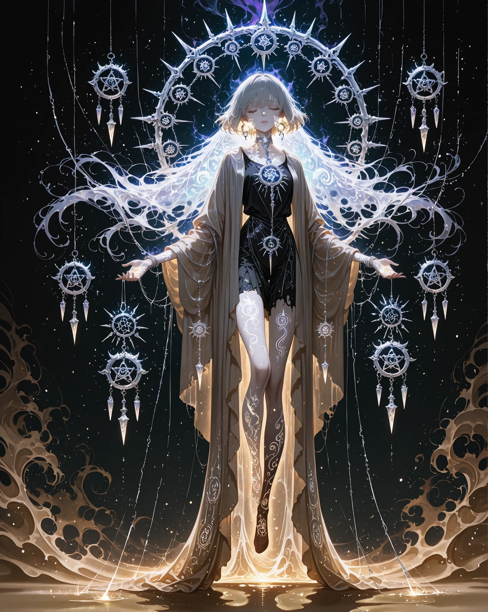  Masterpiece, natural lighting, night, perfect shadows, ray tracing, detailed image, perfect human anatomy, ethereal androgynous being wearing long flowing translucent veils, layered robes floating, porcelain pale skin with a bluish tint, closed eyes with dried tear tracks carved into the cheeks, floating runes orbiting the arms, circular metal piece embedded in the neck with a thin thread disappearing into the chest, dreamcatcher symbol on the back inverted and broken, delicate silver threads and ropes hanging with silent bells, serene expression, mysterious aura, mist trailing behind her footsteps, faint particles of golden sand floating around the face, glowing fractal tattoos moving across the body, ambient light in soft blues and violets, surreal dreamscape background with blurred shapes and shifting geometry, dark fantasy, cinematic lighting, high level of detail, concept art, full body portrait, 4k, ultra detailed, dark ethereal atmosphere 