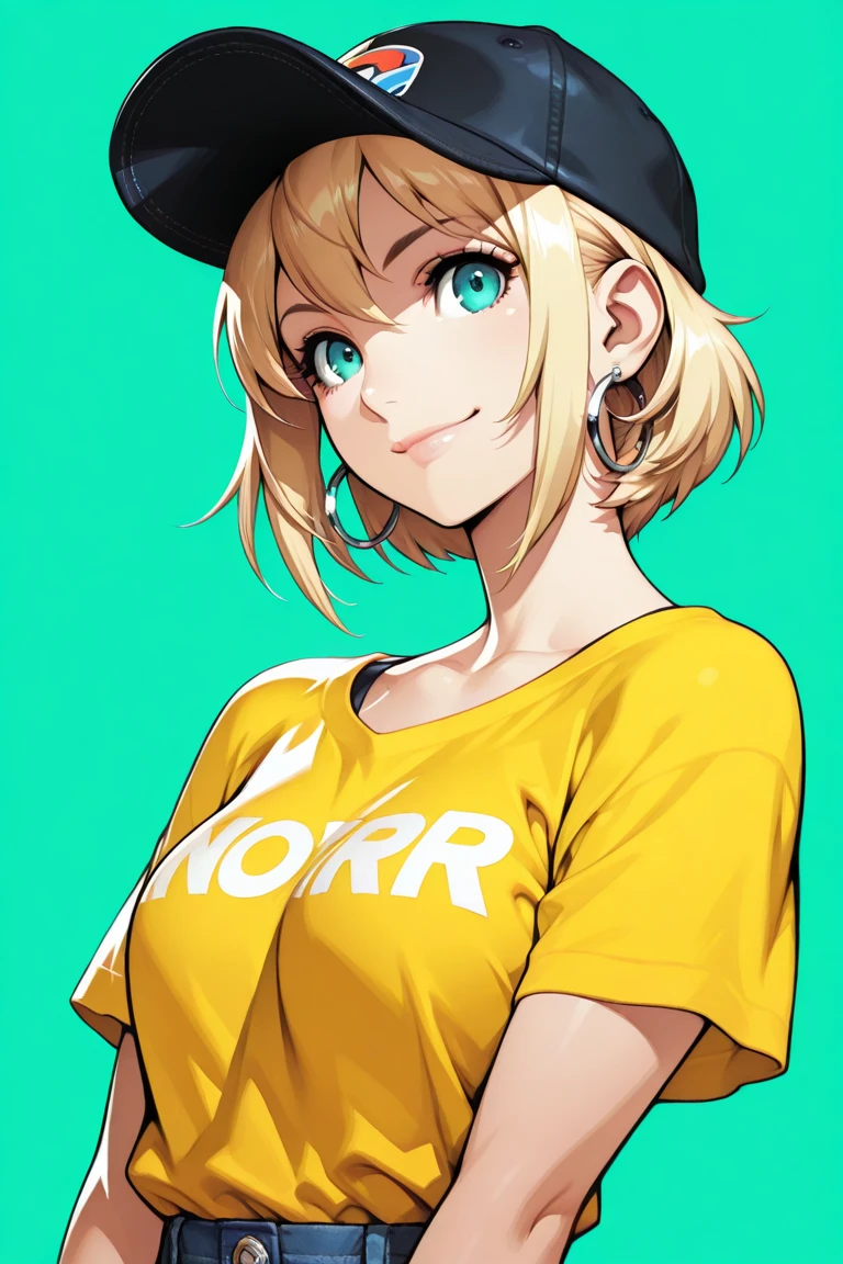 1girl, medium hair, yellow hair, brown eyes, yellow jacket, open jacket, white t-shirt, yellow pants, medium breasts, sexy, tender eyes, innocent smile, playful smile