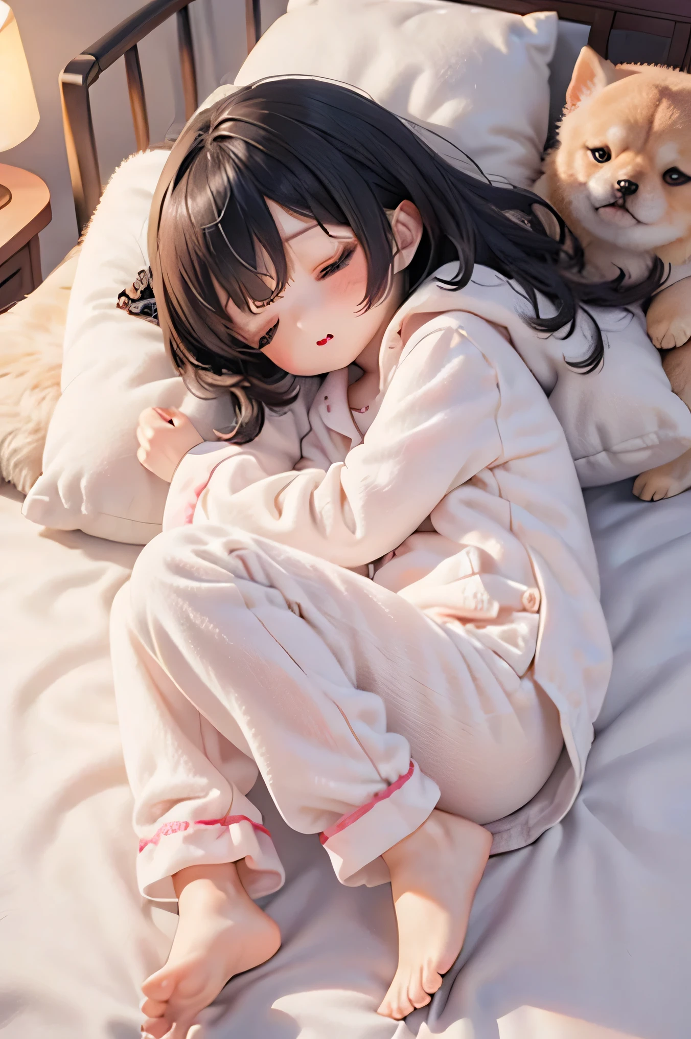 Girl standing next to the bed, Sleepy people wake up, Cute Shiba Inu, Cozy bedroom atmosphere, Soft and warm lighting, Comfortable bed, Small alarm clock, Fluffy pillow, Calm morning landscape, Girl stretching her arms, The dog is wagging its tail, Yawning person, Girl in Pajamas, Sunlight shining through the curtains, Calm and relaxed atmosphere, Quiet and peaceful environment, Colorful blankets, A gentle and calming Chibi, Female Shiba Inu, wake up one's husband asleep in bed