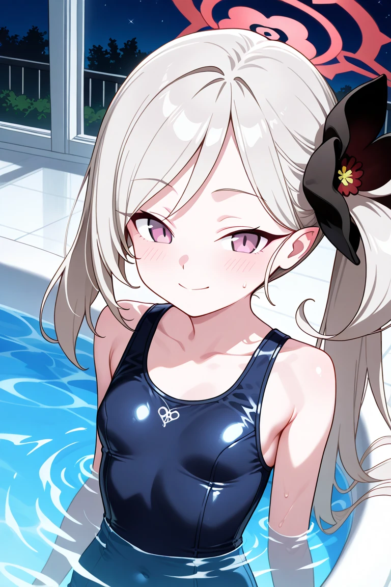 (masterpiece:1.4、top-quality、illustration:1.4,realistic、)、(character focus、breast focus,upper body:1.3)、(1girl),(Open mouth happy smile:1.3),(half closed eyes),cute face,blue eyes、()、
,(stand:1.4),(Shining smile),
,(slender),(high neck halter swimsuit:1.3),(grey long hair:1.6,forehead:1.3),(single braid:1.3), (small breasts:1.3)、
、slender、pool,、