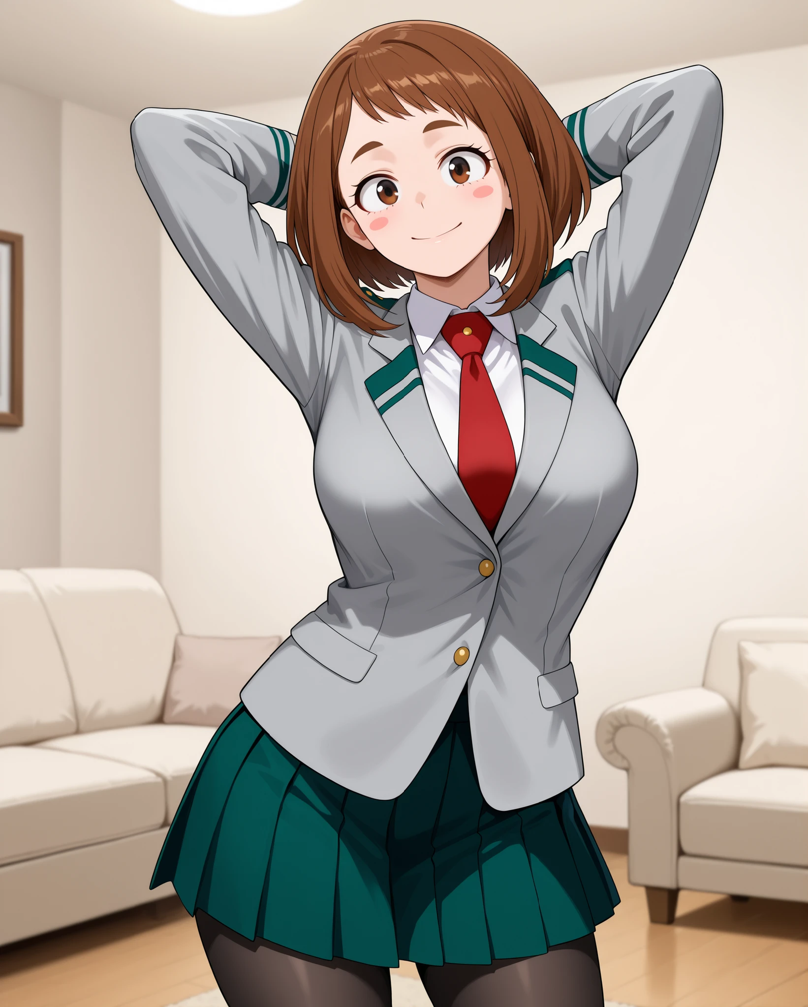 Ochako Uraraka\my hero academia\,
brown hair, brown eyes, short hair, blush stickers,
Ochako Uraraka\my hero academia\ outfit,
u.a. school uniform,
grey blazer, long sleeves, blazer,
white collared shirt, white shirt, collared shirt, red necktie,
green pleated skirt, skirt,
pantyhose, black pantyhose,
living room, sofa, blurry background,
1 girl, solo, wide shot,
happy, looking at viewer,
arms behind head, standing,
front view, from front,
eye-level shot, cowboy shot,
highres, detailxl, opaque clothes, IllusP0s, masterpiece, best quality, newest, source_anime, wide eyes, seductive female, realistic proportions, (mature female,) adult, aged up, slim,