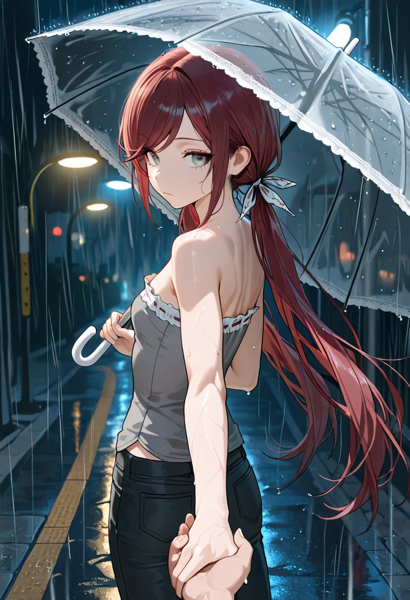 anime girl 26 years old white swimsuit navy blue denim pants urban landscape red hair brown eyes with cat on the shoulder and umbrella