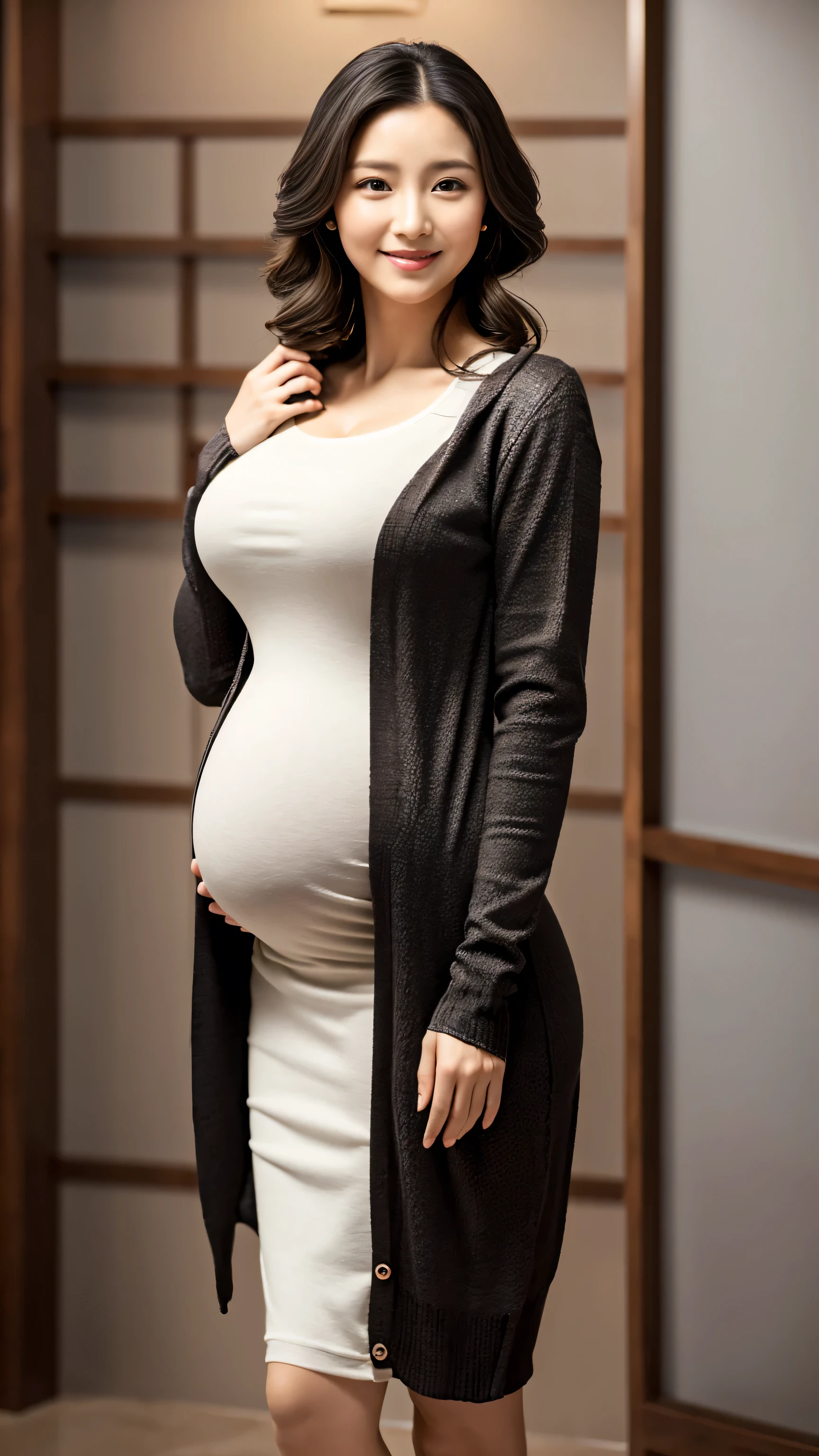 A gorgeous Woman, with a subtle and muted color palette, is captured in an 8k resolution, 70 mm frame. Her physique boasts a striking contrast, with a small waist giving way to gigantic breasts, enormous thighs, and hips that broaden to a curvaceous buttocks, ((pregnant)). Her dark skin shines under the soft, natural light, the swoon-worthy figure accentuated by the sweater dress she dons, leaving her seductive allure undeniable. Her pose is effortlessly alluring, her deep-set, mysterious eyes locked onto the viewer.