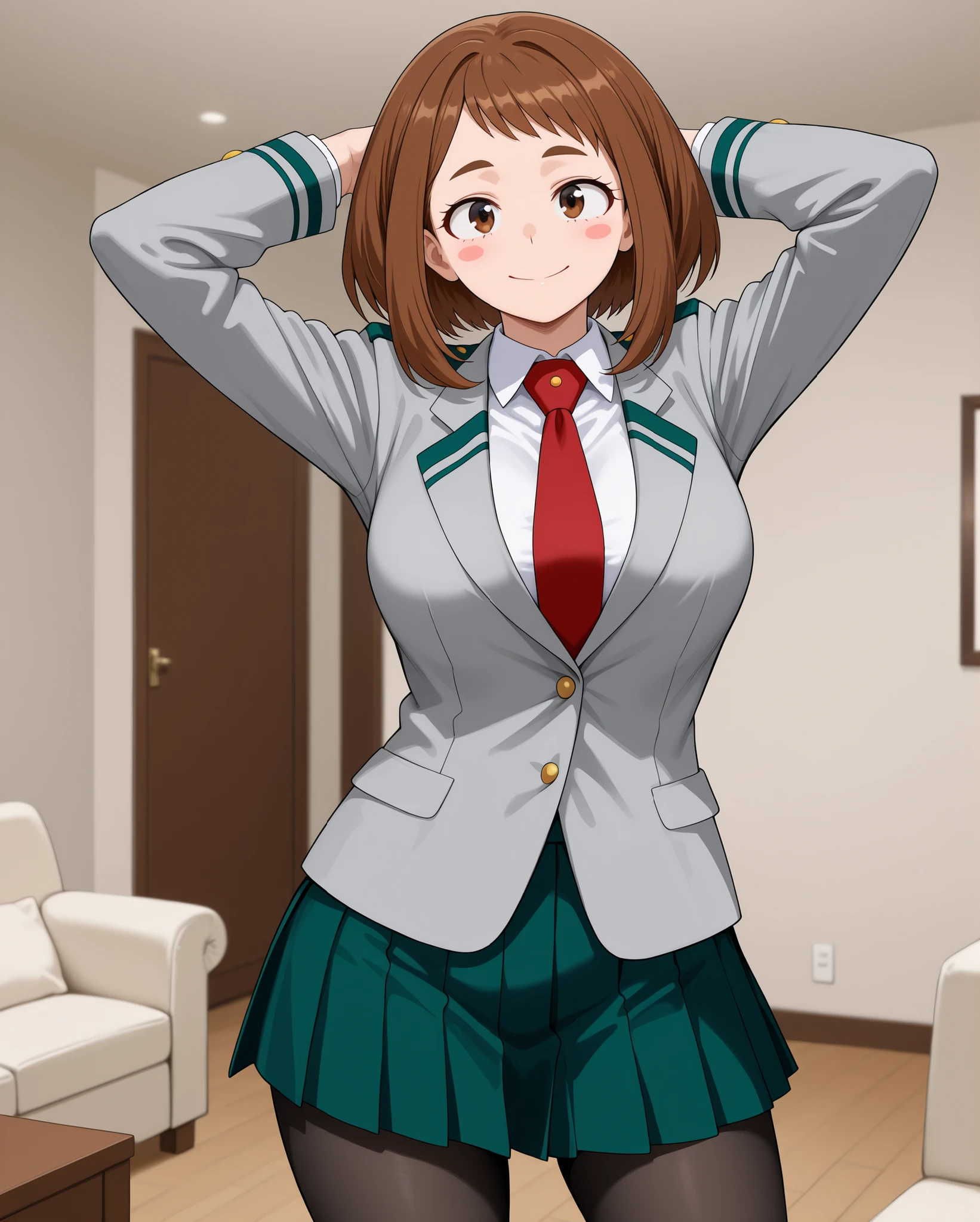 Ochako Uraraka\my hero academia\,
brown hair, brown eyes, short hair, blush stickers,
Ochako Uraraka\my hero academia\ outfit,
u.a. school uniform,
grey blazer, long sleeves, blazer,
white collared shirt, white shirt, collared shirt, red necktie,
green pleated skirt, skirt,
pantyhose, black pantyhose,
living room, sofa, blurry background,
1 girl, solo, wide shot,
happy, looking at viewer,
arms behind head, standing,
front view, from front,
eye-level shot, cowboy shot,
highres, detailxl, opaque clothes, IllusP0s, masterpiece, best quality, newest, source_anime, wide eyes, seductive female, realistic proportions, (mature female,) adult, aged up, slim,