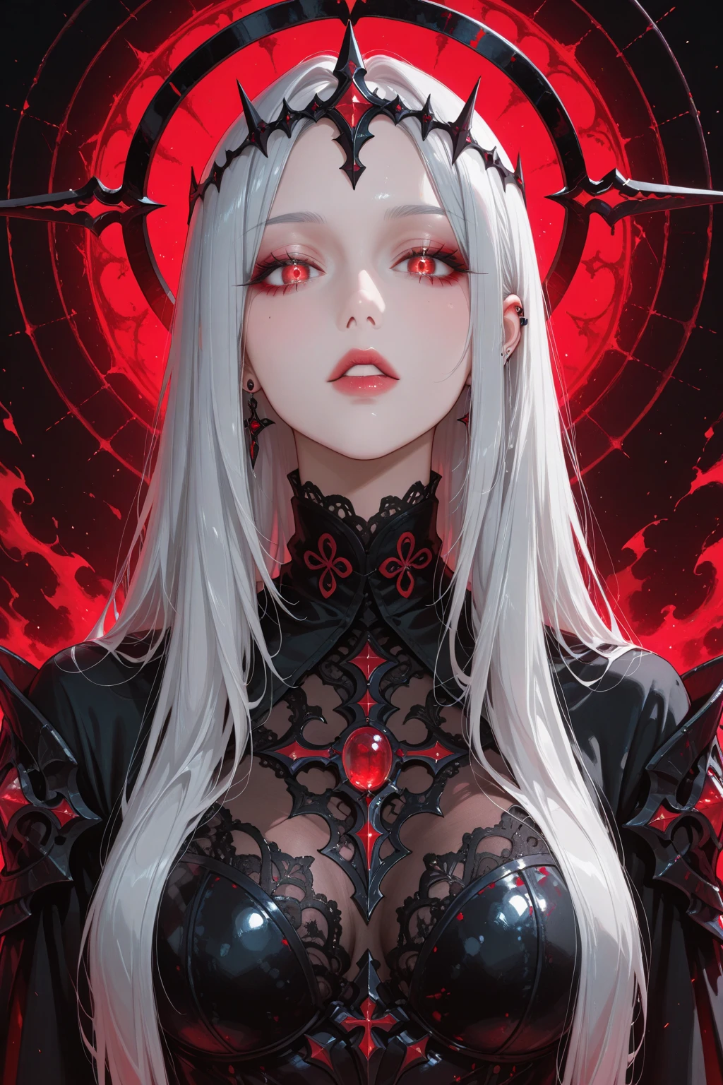 ((pov)), silver hair, red eyes, warlord violence, symbols, mortal cross, horror, art ofcial, ((oil painting)), (((anime cinematic, ultra detailed, best quality, cinematic, 16k))),