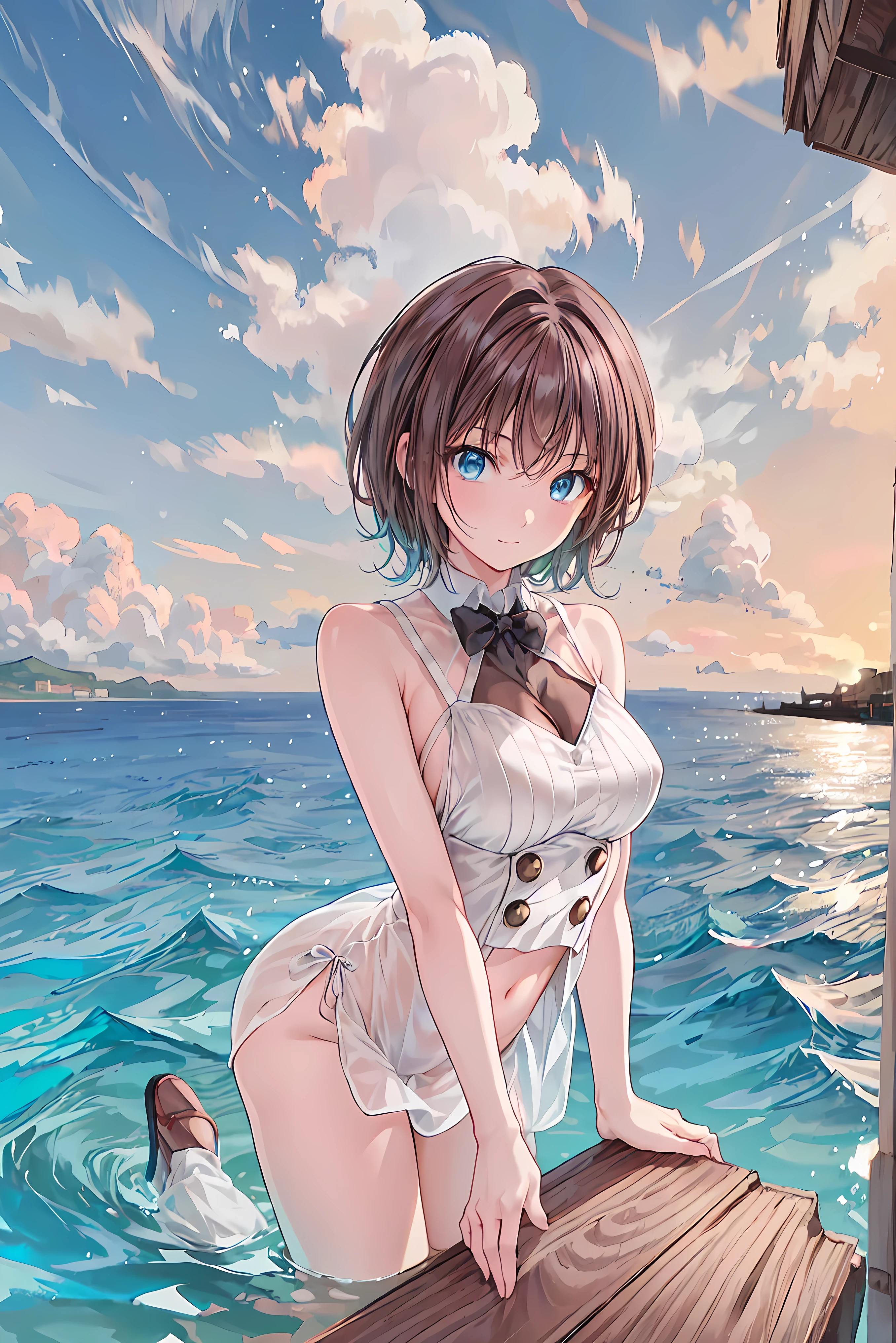 score_9,score_8_up,score_7_up,source_anime,cowboy shot,masterpiece,best quality,details background,extremely detailed,1girl, brown hair, blue eyes,medium breasts,short hair, sailor dress, long sleeves,white dress,day break,sea, cleavage, blue bra,