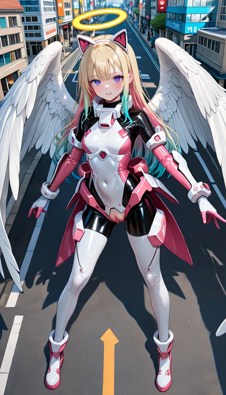 anime, (masterpiece), (best quality), (ultra-detailed), (best illustration), (best shadow), (absurdres), (detailed background), (very aesthetic), shiny, detailed beautiful eyes, outstanding, countershading, detailed soft lighting, an exquisite animation illustration, 1girl, solo, anheang, Dollsuit, thighthigh, dark persona, empty eyes, Wendy Marvell, long hair, pink eyes, pink hair, spiked hair, White wings, tattoo,
