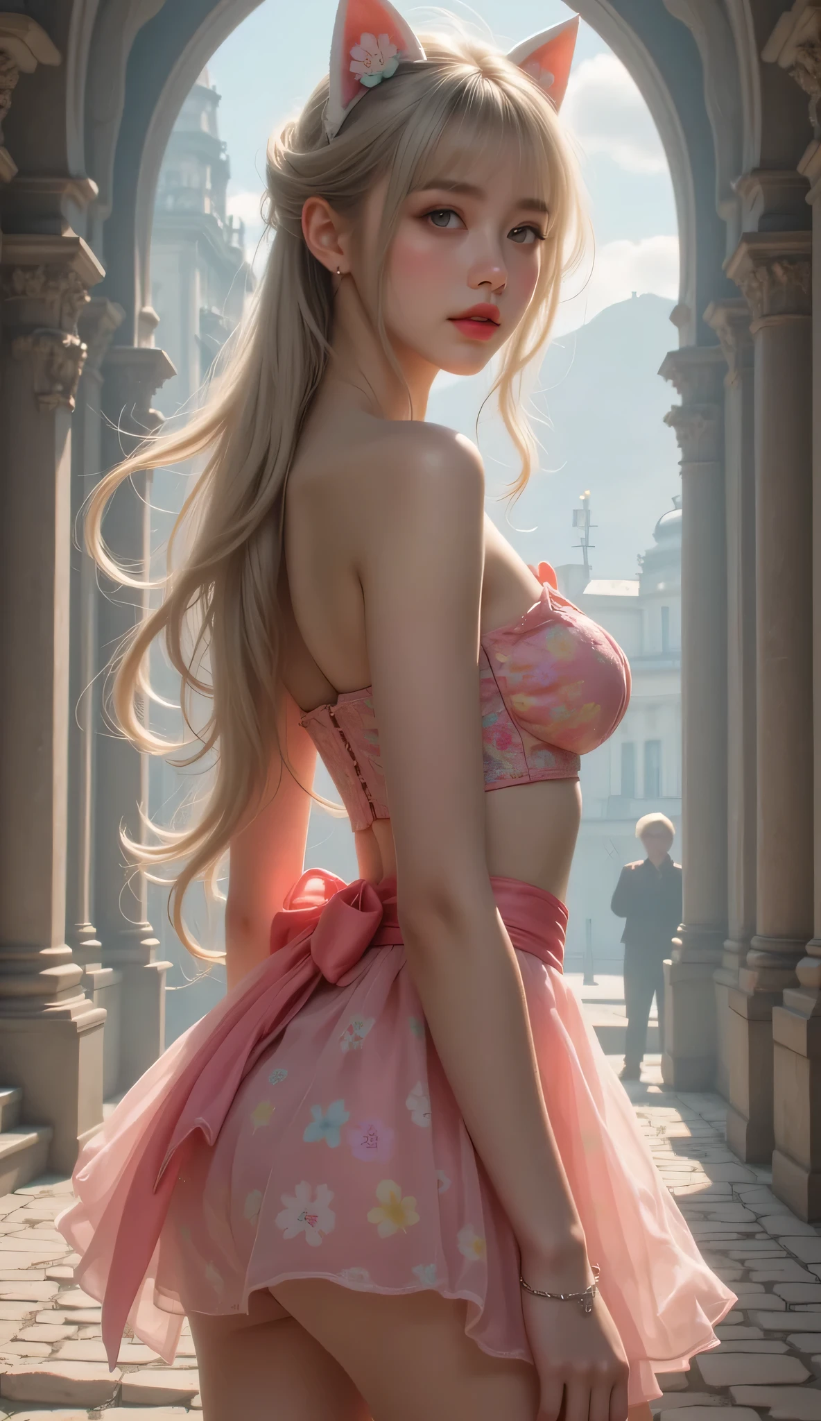 A woman with Margot Robbie's face, bikini,highest quality, Very detailed, 1 girl, alone, Redhead, Long braided hair, Golden Eyes, bangs, Naked Women,Very small pointy breasts, 白いbikini水着, Looks lewd,, (bad: 1.2),Exposing breasts, Looking at the audience,Spread your legs, (Face to face: 1.3), (Dark Background, rock: 1.3), Full Shot, Crisp contrast, Beautiful fine details,,White panties,High heels,,,I can see your underwear,