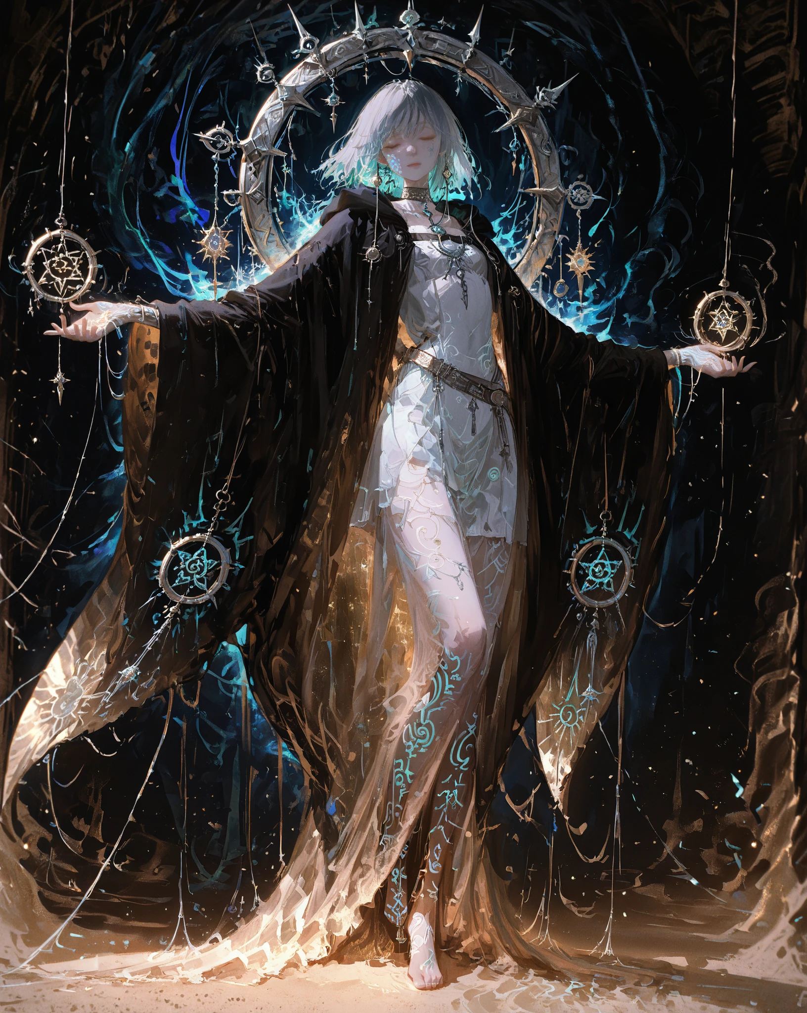  Masterpiece, natural lighting, night, perfect shadows, ray tracing, detailed image, perfect human anatomy, ethereal androgynous being wearing long flowing translucent veils, layered robes floating, porcelain pale skin with a bluish tint, closed eyes with dried tear tracks carved into the cheeks, floating runes orbiting the arms, circular metal piece embedded in the neck with a thin thread disappearing into the chest, dreamcatcher symbol on the back inverted and broken, delicate silver threads and ropes hanging with silent bells, serene expression, mysterious aura, mist trailing behind her footsteps, faint particles of golden sand floating around the face, glowing fractal tattoos moving across the body, ambient light in soft blues and violets, surreal dreamscape background with blurred shapes and shifting geometry, dark fantasy, cinematic lighting, high level of detail, concept art, full body portrait, 4k, ultra detailed, dark ethereal atmosphere 