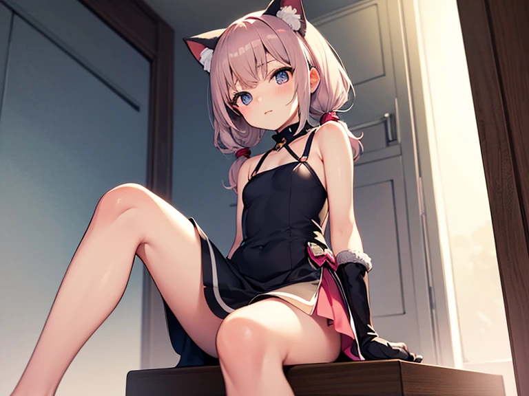1trans, solo, looking at viewer, short hair, skirt, shirt, thighhighs, animal ears, sitting, green eyes, white hair with pink highlights, boots, choker, striped, cat ears, nail polish, black footwear, hair over one eye, fishnets, black nails, fishnet thighhighs