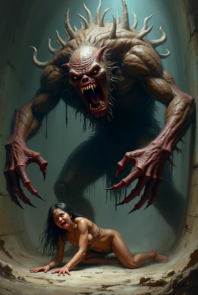 3 naked monsters beast with large penis in the old house playing withsexy girl , blood on body in small shorts