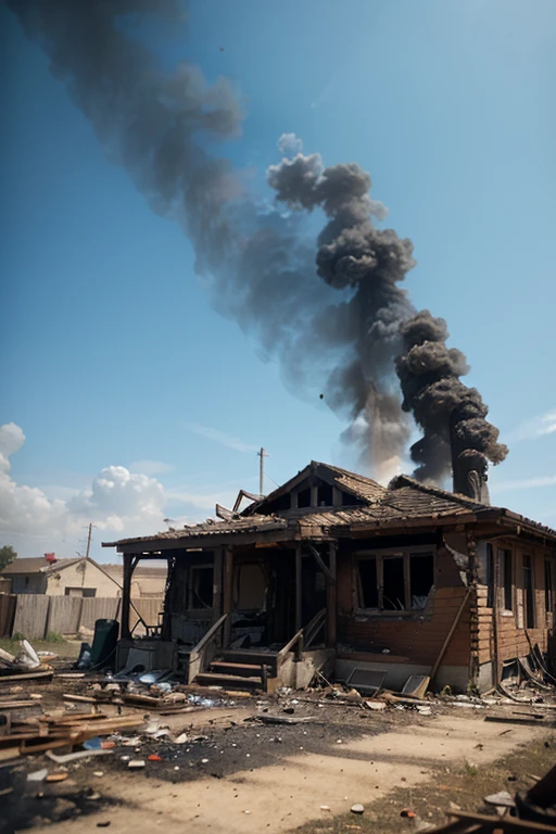 create a destroyed favela with clear chaos and black smoke coming out