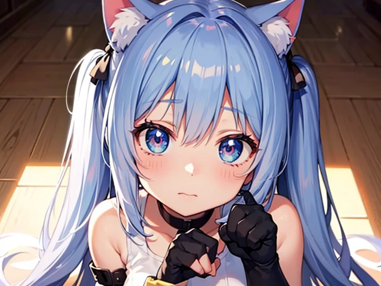 1girl, animal_ears, kal'tsit_\(arknights\), collar, solo, green_eyes, bare_shoulders, silver_hair, looking_at_viewer, face <lora:kaltsit-000018:0.8>