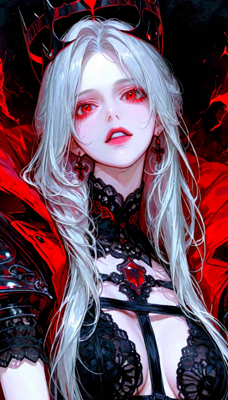 ((Nsfw, Vulgar)),wet-on-wet oil painting depicting a dark angel, a semi-realistic portrait, blood on the angel face,, medium shot, red eyes, gorgeous painting, breathtaking, semirealistic, beautiful colors, evil, beautiful red eyes, detailed textures, dark feathers, blood, white hair, evil grim, evil smile