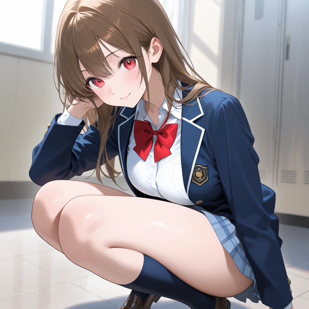 ((table top, highest quality, High resolution, nffsw, perfect pixel, 4k, nffsw, nffsw))), 1 girl, sayuogiwara,single, alone, beautiful woman、I could see the whole body、 ((brown eyes, beautiful eyelashes, realistic eyes)), ((detailed face, blush:1.2)), ((smooth texture:0.75, realistic texture:0.65, realistic:1.1, Anime CG style)), medium breasts, dynamic angle, perfect body, ((red bow tie, school uniform, black jacket, open jacket, brown cardigan, white shirt, black skirt, plaid skirt)), city stairs、Looking up from the bottom of the stairs、Very embarrassing panic smile, looked back、lean forward、(The wind flipped my skirt and exposed my butt.........................、touch your butt with both hands、pink floral lace panties)、