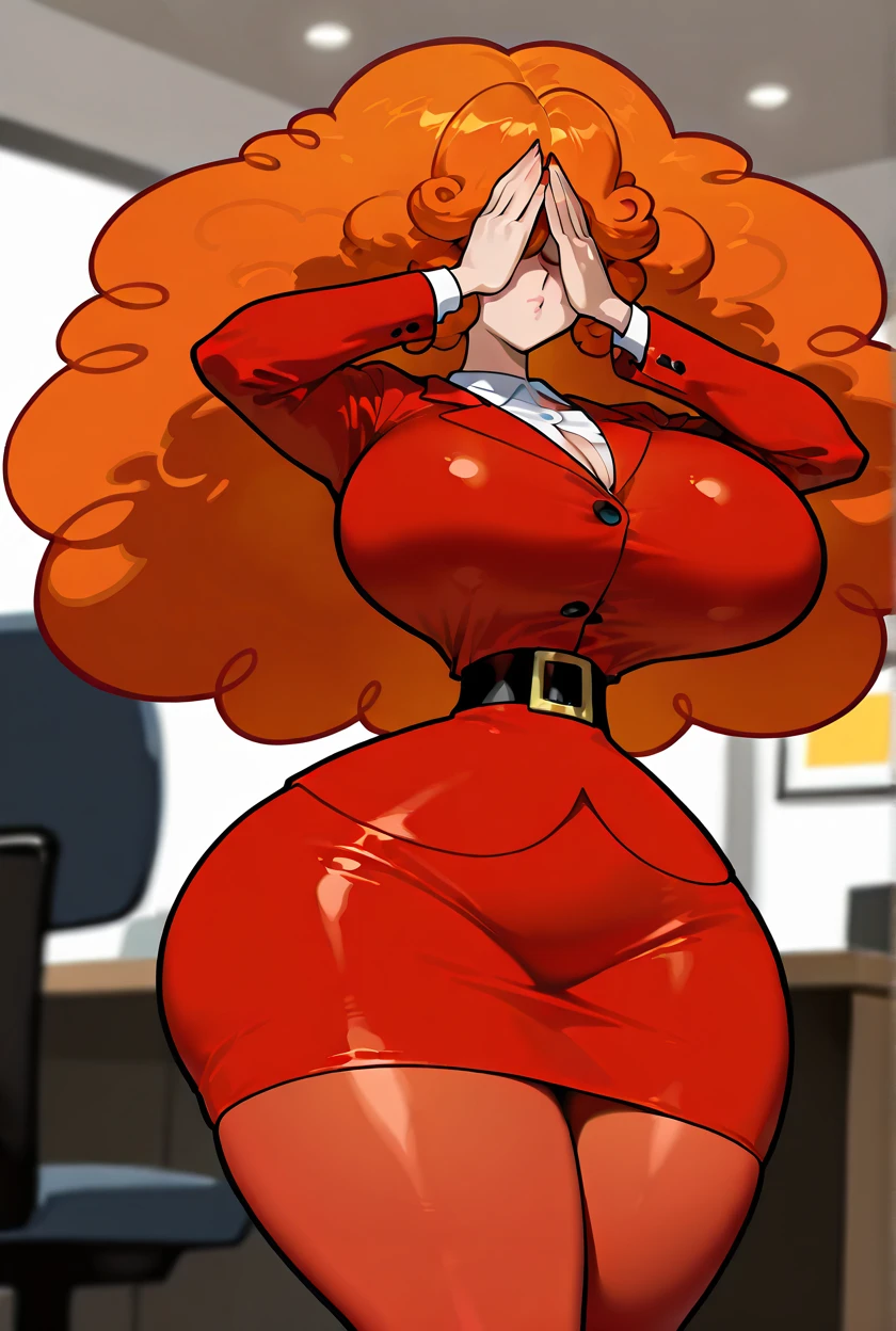 Sexy redhead with long hair, wearing white nurse's uniform, in her office, big lips, cleavage, huge breasts, milf, wide hips, thick thighs, depth of field, cinematic lighting, anatomically correct, high detail, red lipstick, freckles