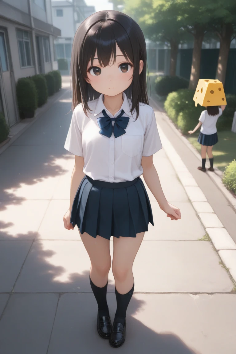 1girl, minamoto_shizuka, bangs, short twintails,pink shirt,pink skirt, smile, city, school backpack, hands on backpack, walking