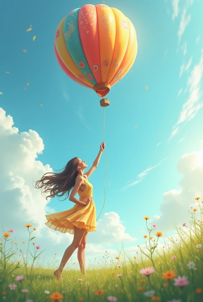 masterpiece, best quality,(realistic:1.3),beautiful girl hangs on balloons and flies in the sky,sunshine,god ray,fractal art