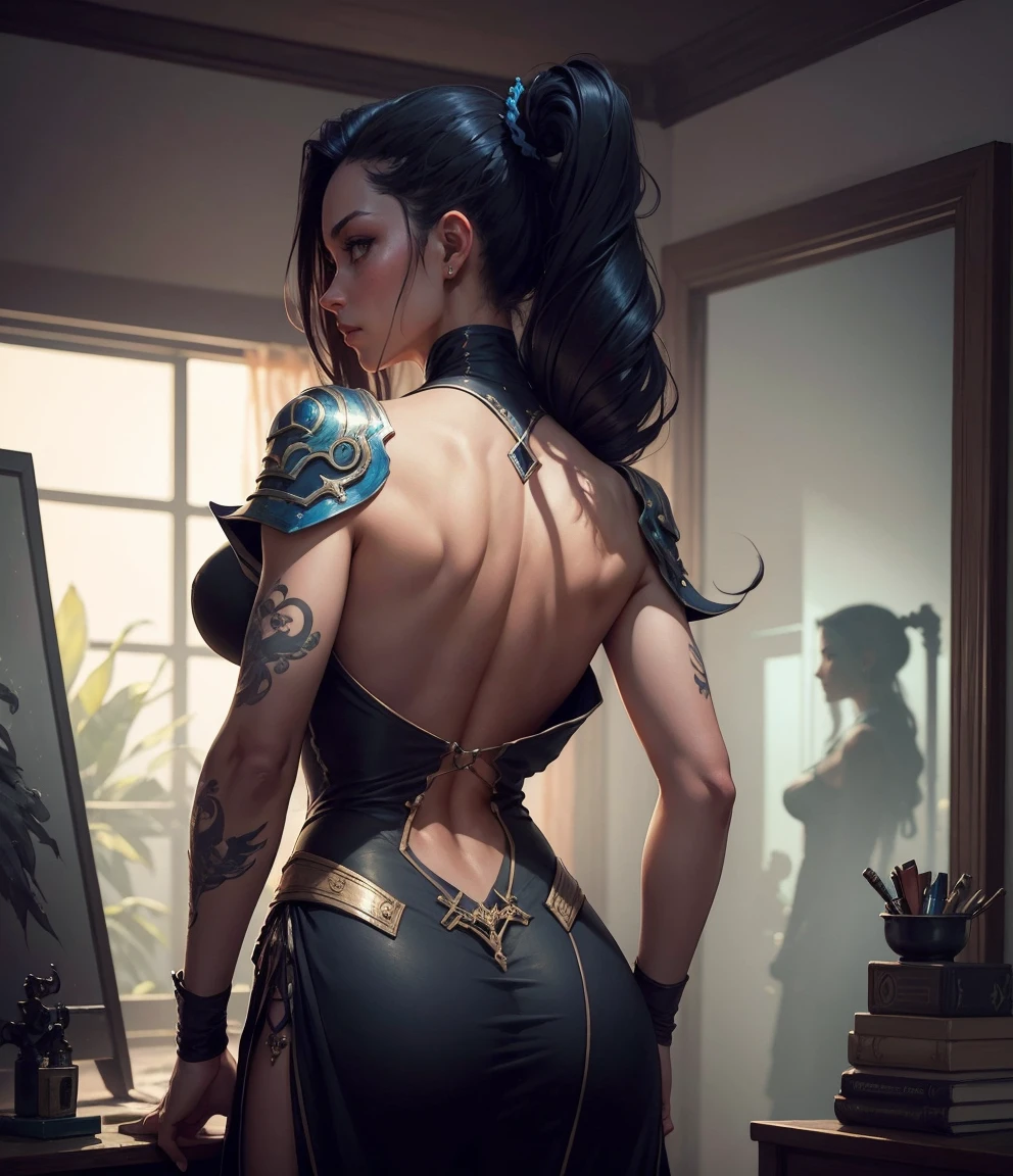 Highly detailed RAW color Photo, beautiful young girl, from behind, (wide hips), (detailed skin), (detailed lips), (detailed eyes), (devil:1.4), (cactus:1.1), (Sci-Fi setting) (detailed face), (curvy), detailed eyes, chromatic aberration, depth of field, soft lighting, masterpiece, best quality, intricaens flare:0.7), (bloom:0.7), particle effects, raytracing, tone mapped, highly detailed, concept art, smooth, sharp focus, dramatic lighting, highly detailed artwork, cinematic, hyper realistic painting, trending on Artstation, 8K, incredible shadows, realistic, (highly detailed background:1.2), art by midjourney