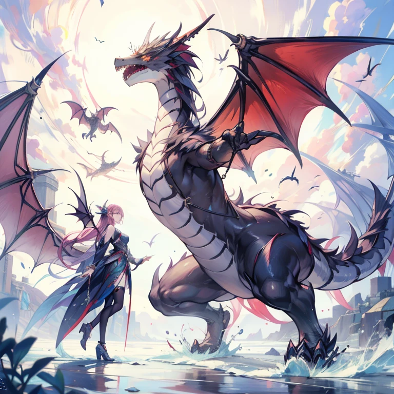 4K picture quality, masterpiece, superlative, night, full moon, a mature woman, royal sister, cold face, oriental dragon soaring in the sky, woman riding on the body of a dragon, woman can see her legs