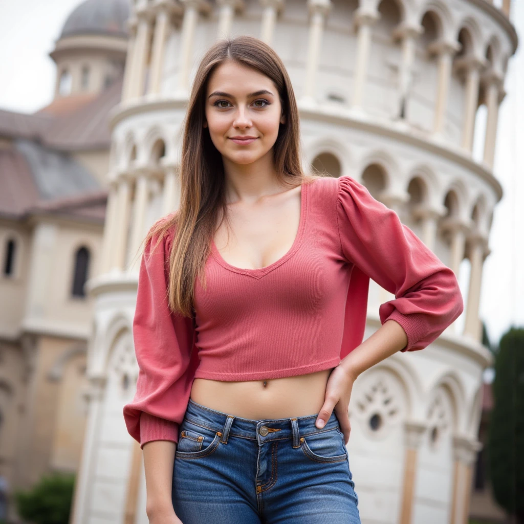 Realistic photography, girl with blue eyes, Sophie Mudd,  without makeup, natural makeup, Face with Artgram, huge breasts, blonde, latinas, is walking in front of the Colosseum in Rome, on a splendid sunny day with perfect global illumination, dressed in jeans and a pink t-shirt, instagram photo