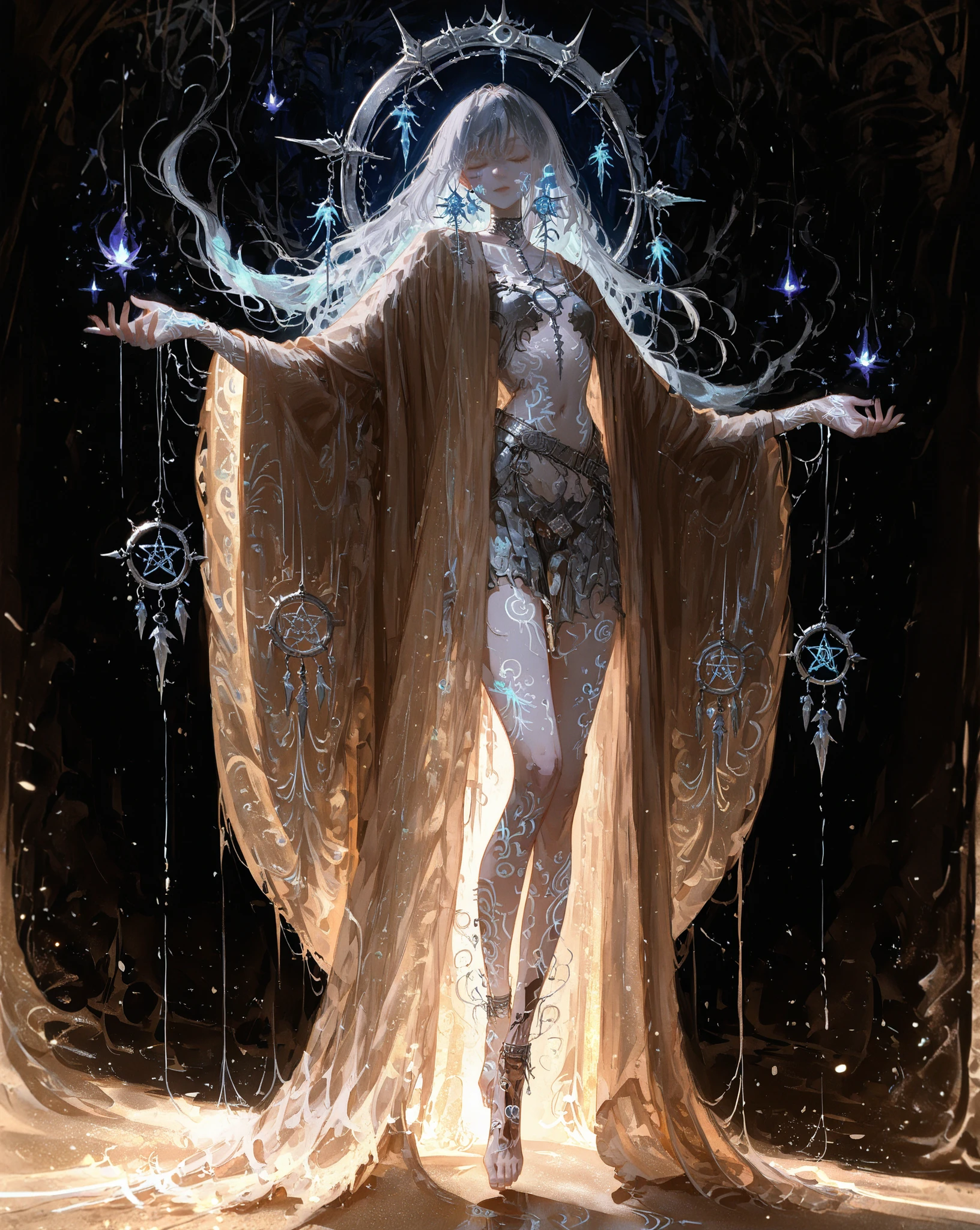  Masterpiece, natural lighting, night, perfect shadows, ray tracing, detailed image, perfect human anatomy, ethereal androgynous being wearing long flowing translucent veils, layered robes floating, porcelain pale skin with a bluish tint, closed eyes with dried tear tracks carved into the cheeks, floating runes orbiting the arms, circular metal piece embedded in the neck with a thin thread disappearing into the chest, dreamcatcher symbol on the back inverted and broken, delicate silver threads and ropes hanging with silent bells, serene expression, mysterious aura, mist trailing behind her footsteps, faint particles of golden sand floating around the face, glowing fractal tattoos moving across the body, ambient light in soft blues and violets, surreal dreamscape background with blurred shapes and shifting geometry, dark fantasy, cinematic lighting, high level of detail, concept art, full body portrait, 4k, ultra detailed, dark ethereal atmosphere 