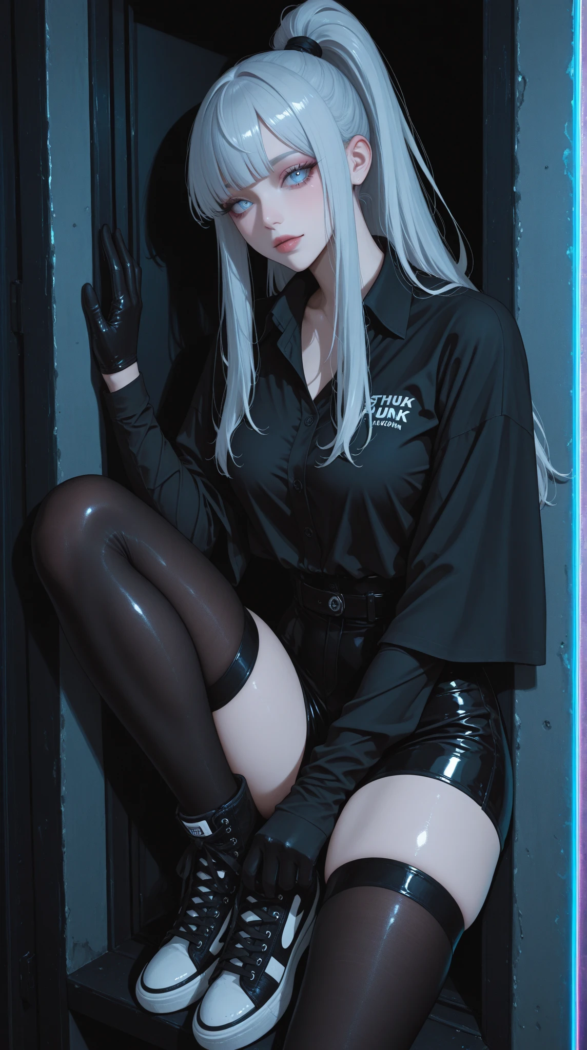 masterpiece,best quality,1girl,solo,science fiction,black bodysuit,glowing,red eyes,darkness,dark,night sky,floating hair,galaxy,space,window,looking at viewer,blank eyes,white hair,large breasts,floating,levitation,knees up,full body,glass,hugging own legs,<lora:add_detail:0.7>,<lora:MengX girl_Mix_V40:0.8>,