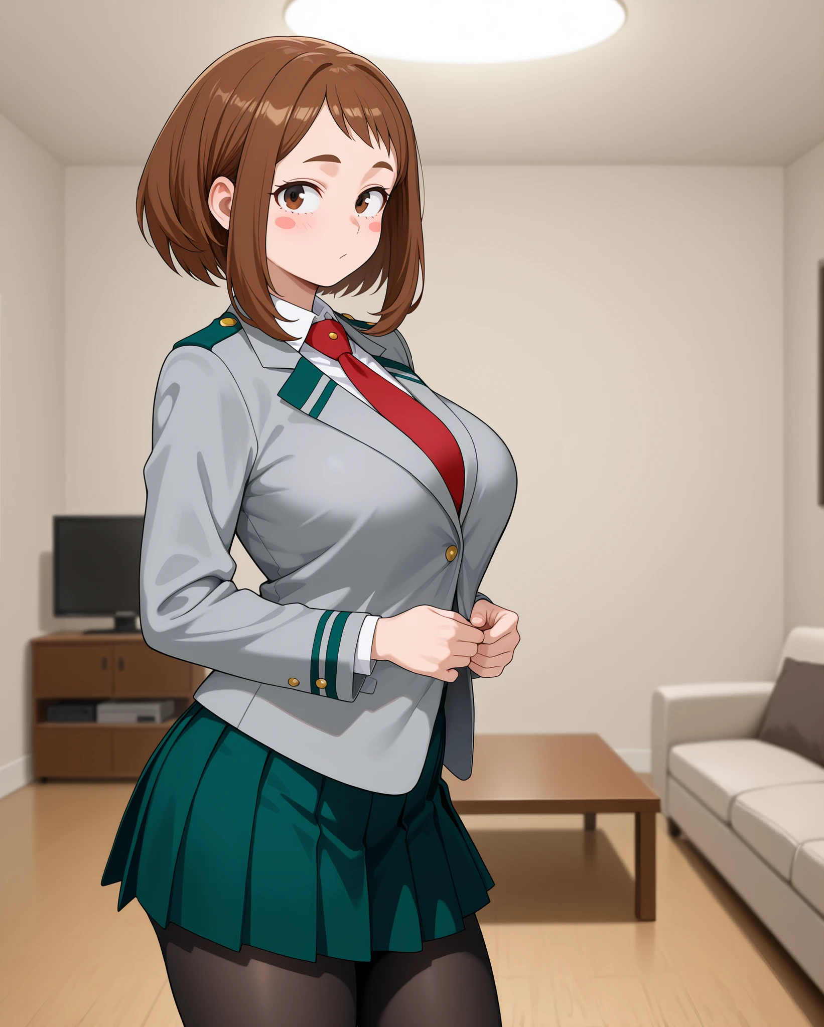 Ochako Uraraka\my hero academia\,
brown hair, brown eyes, short hair, blush stickers,
Ochako Uraraka\my hero academia\ outfit,
u.a. school uniform,
grey blazer, long sleeves, blazer,
white collared shirt, white shirt, collared shirt, red necktie,
green pleated skirt, skirt,
pantyhose, black pantyhose,
living room, sofa, blurry background,
1 girl, solo, wide shot, looking at viewer,
horny, horny expression, aroused, aroused expression,
standing,
side view, from side,
eye-level shot, cowboy shot,
highres, detailxl, opaque clothes, IllusP0s, masterpiece, best quality, newest, source_anime, wide eyes, seductive female, realistic proportions, (mature female,) adult, aged up, slim,