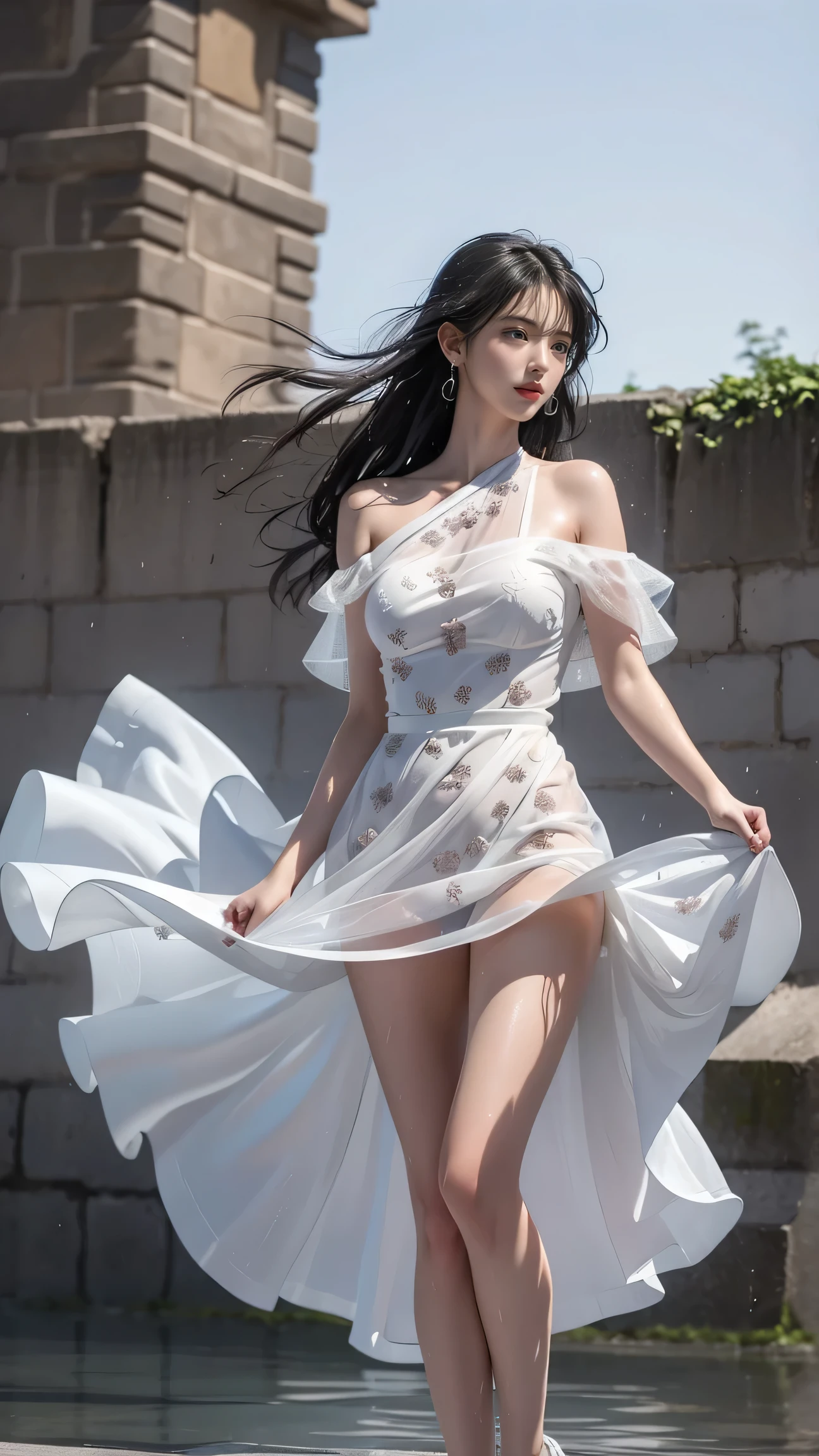 ((Girl standing in front of the wall of an old castle))、Fluorescent color、1 girl、Looking to the side、Beautiful face、Beautiful eyes、(Off the shoulder:1.2)、Upper Body、Shiny Hair、Glowing Skin、 Reduce glare、The proportions of the fingers have been adjusted、Escrow、ass pov、Dynamic Angle、(((Master part)))、(((highest quality)))、(((Super-detailed))) detailed)、(An illustration)、(Detailed light)、(Very delicate and beautiful)、Dramatic_Shadow、Ray_Tracking、reflection、 Ultra-high resolution、((A girl with colorful hair and mesh in her black hair))、 Her hair flutters in the wind、(Large deep blue eyes)、Black Haired Woman、 Sparkling Butterfly、Black-haired woman、Points of light around the woman、Magical Aura、Green dot、Aura About Natural、超Magical AuraBlack-haired woman,((Semi-transparent white open shoulder dress:1.3))、(No sleeve)、((My skirt is flying up in the wind)),((An old European castle is hazy in the distance)),((White panties are visible)), Hands on the head, Underarm, High Heel Wrench Pointed Toe Heel:1. 3、White skin、8K、((Lift your legs higher)),(I can see her panties),((Leg spread、Y-shaped balance))King、((Translucent white、gray、Body angle of brown fine patterned long dress)、Hands on head、Underarm、High Heel Wrench Pointed Toe Heel:1. 3、White skin、8K、((Lift your legs higher))、(I can see her panties)、((Leg spread))、((Y-shaped balance))