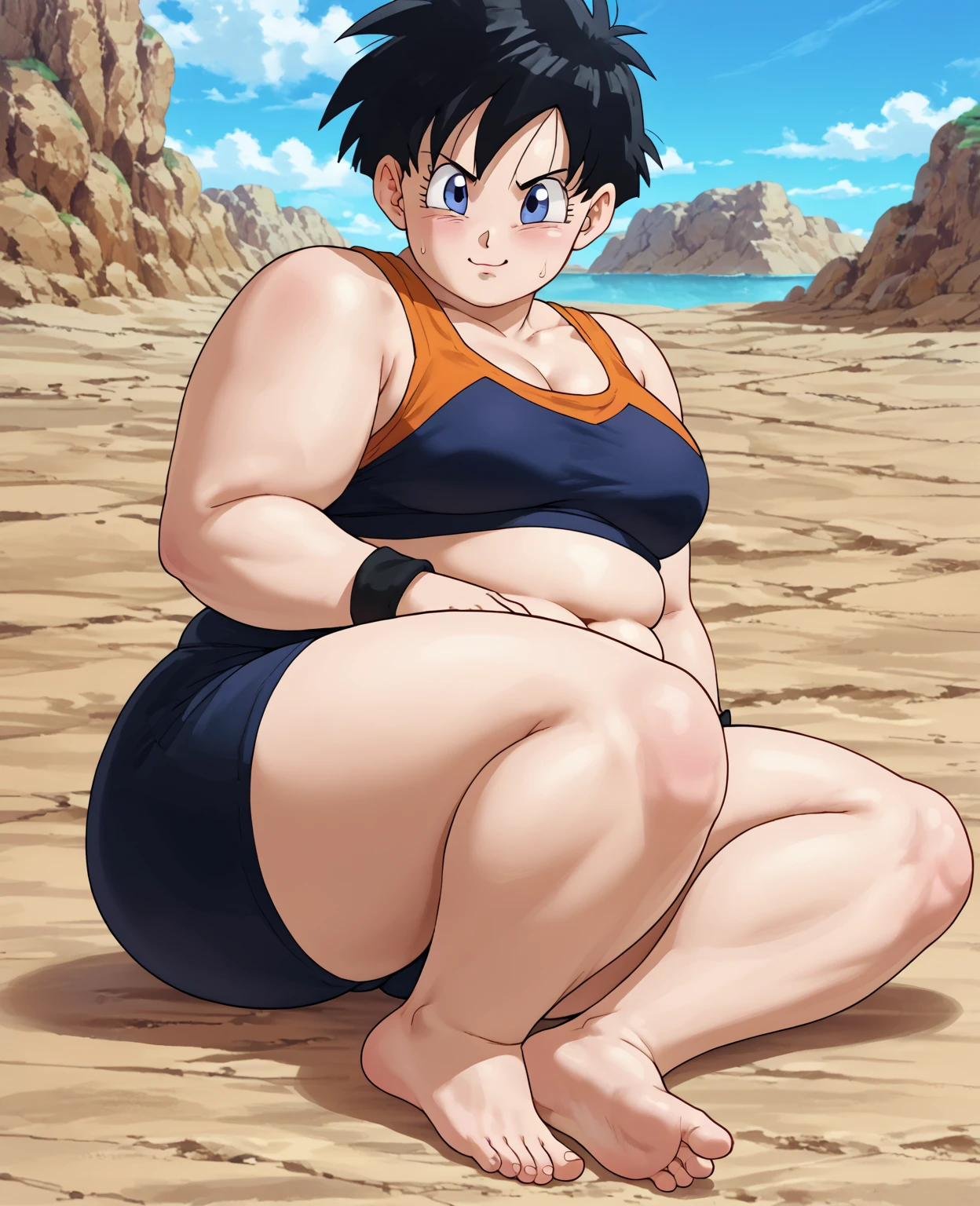 High resolution, Dragon Ball, Bulma, 1girl, ((bimbo))), short blue hair, blue eyes, puffy lips, thick lips, wide hips, thick thighs, enormous fake breast, huge ass, sexy flirty face, shiny skin, sexy legs, breasts squeezed together, white micro bikini, jungle, looking down, camel toe, perky nipples, full body, beach, sweat, training,