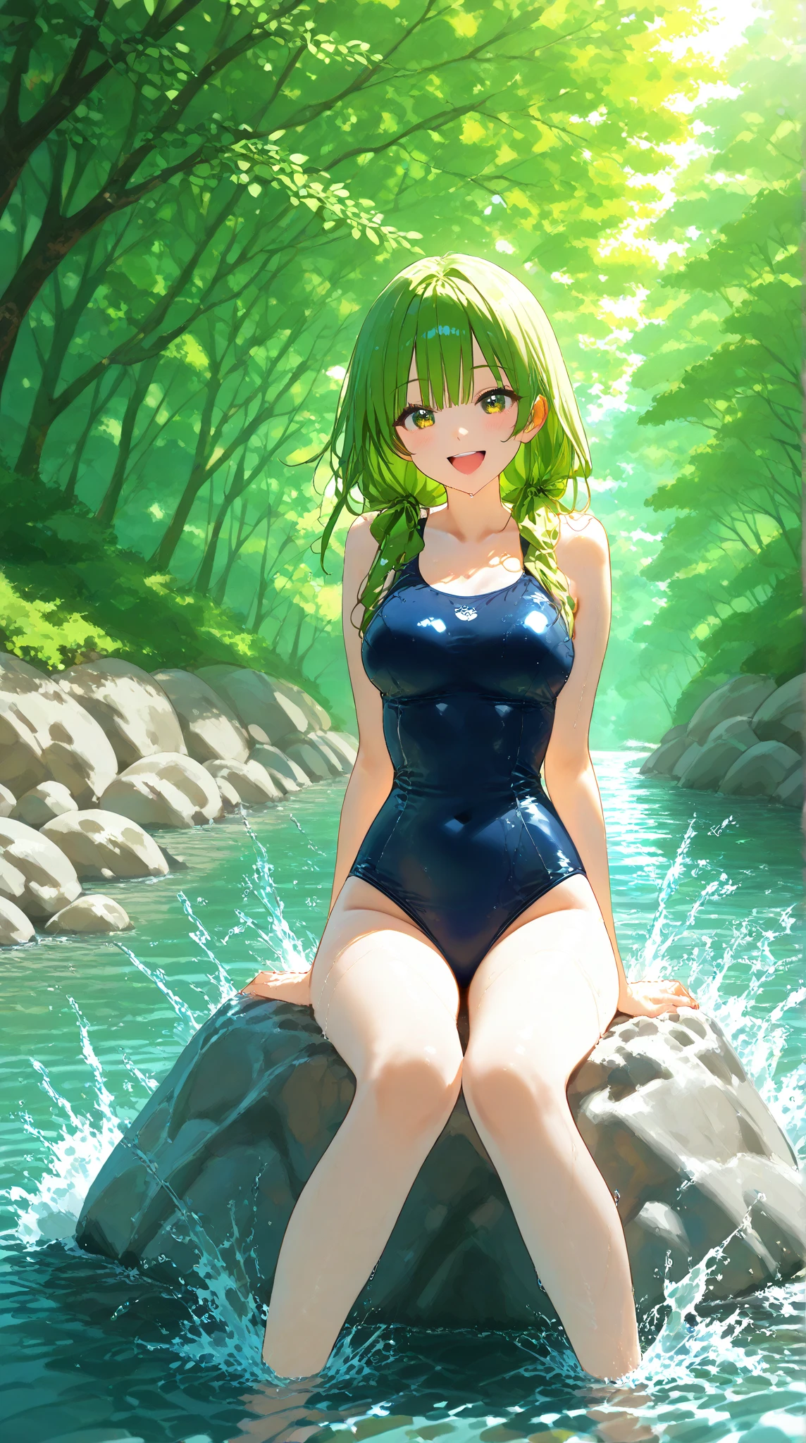 Highest quality, masterpiece, Ultra-high resolution, (Realistic:1.4), RAW Photos, Intricate details, Big beautiful eyes, Perfect contours, masterpiece, One Girl, ((:2)), Braided Bob, (aerial view:2), (perky breasts:2, high breasts:2), (curvy waist:2), Competitive swimmer, (one piece:1.5, turtleneck,Sleeveless swimsuit), ((Metallic Green Swimsuit:1.5)), ((tight high leg swimsuit:1.5)), ((shoot from below:2, looking away:2)), (Close-up of the belly button:1.5)、Portraiture, ((Standing on the edge of a cliff:1.5, Hesitant to jump:1.5, Incredibly high sheer cliffs:1.5, Stand at the highest point overlooking the surrounding area, peer down the cliff)), (Anxious expression、His mouth is twitching with fear), Wet Skin, (Underarm)、Nothing in my hands、