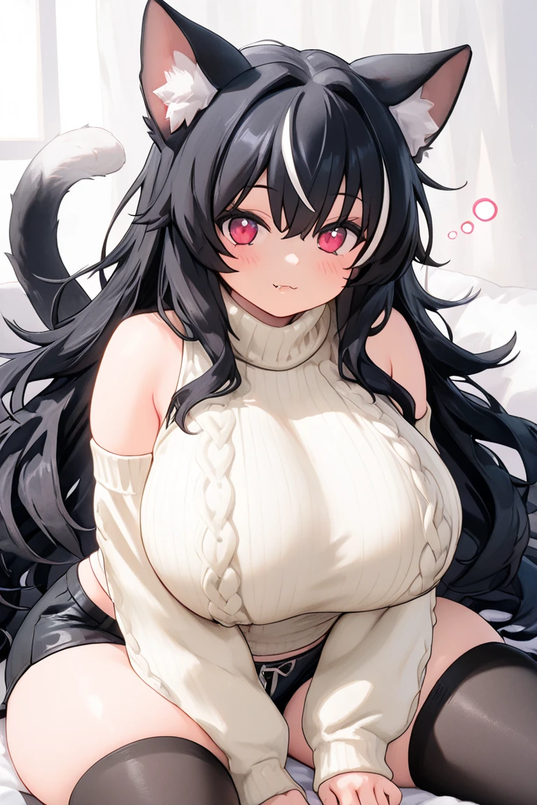 fille animée avec de gros seins et des oreilles de cat, anime fille chat, cheveux noir et style adulte.