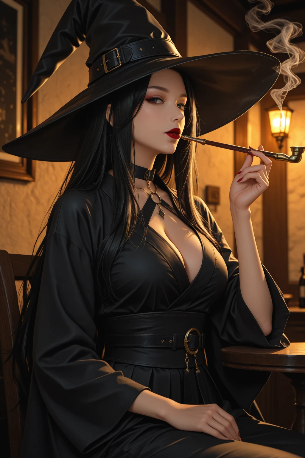 In the shadowy recesses of the ancient forest, a villainous figure emerges. With long, flowing black hair that reaches the ground, a 200-year-old witch unfurls her sinister powers. Her hands radiate with an otherworldly magic that shines with an eerie glow, casting an ominous aura around her. Her age is evidenced by the deep wrinkles on her face, yet her eyes hold a fierce and malevolent intensity. Her voluminous robes fit tightly against her skeletal frame, revealing her bony fingers that crackle with arcane energy. The forest around her seems to tremble in fear as she cackles maniac