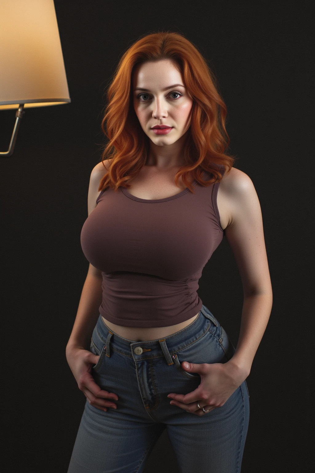 (Full body photo of a slim, young and super cute Irish redhead with very small waist with dark theme), (very small waist), (short hair tied up, thin nose, realistic freckles, full lips), ((lusty look and seductive, sensual smile, perfect teeth)), ((proportionate body with extremely narrow waist, wide hips, large buttocks, thick legs)), erotic pose. naked big pointy natural breasts, ((hard nipples with realistic details, real skin, real nipples, perfect nipples, big nipples, epic details on the nipple areola)), ((slim body, wide hips)), blue eyes, highly detailed eyes, (eye detail: 1), (Naturally sagging breasts, realistic skin, epic realism, RAW photography, realistic skin, epic realism, HDR: 1.5, epic skin detail, porous skin, goosebumps, with features Germans.) ((Photorealistic): 1.1), dark background, Canon 5D, 8mm film grain, realistic shading, (((red pubic hair))),