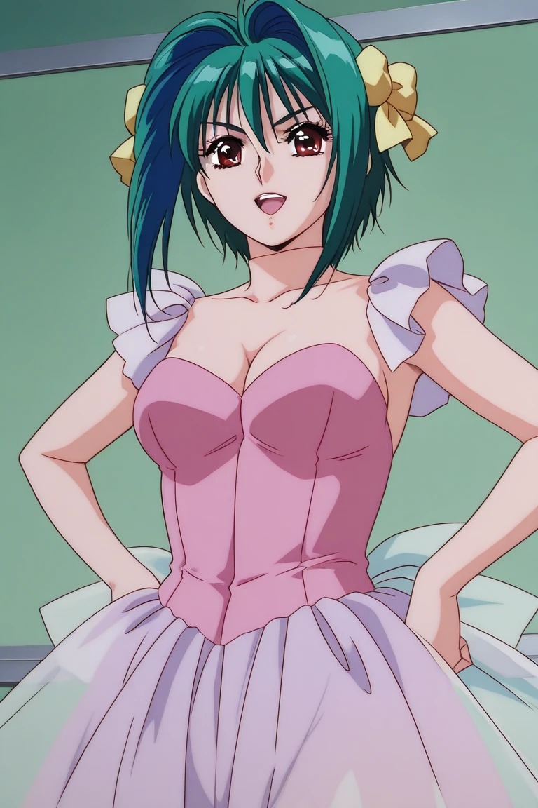 {{{1990s style, gouache style, retro artstyle, sexy no jutsu,pc98,pixelart,game cg}}},{{red ribbon,blunt bangs,green eyes,ringlets, twin drills,gold hair.lace}},large breasts,princess,undress,sweat,steam,smug, nose blush,princess dress,armpits