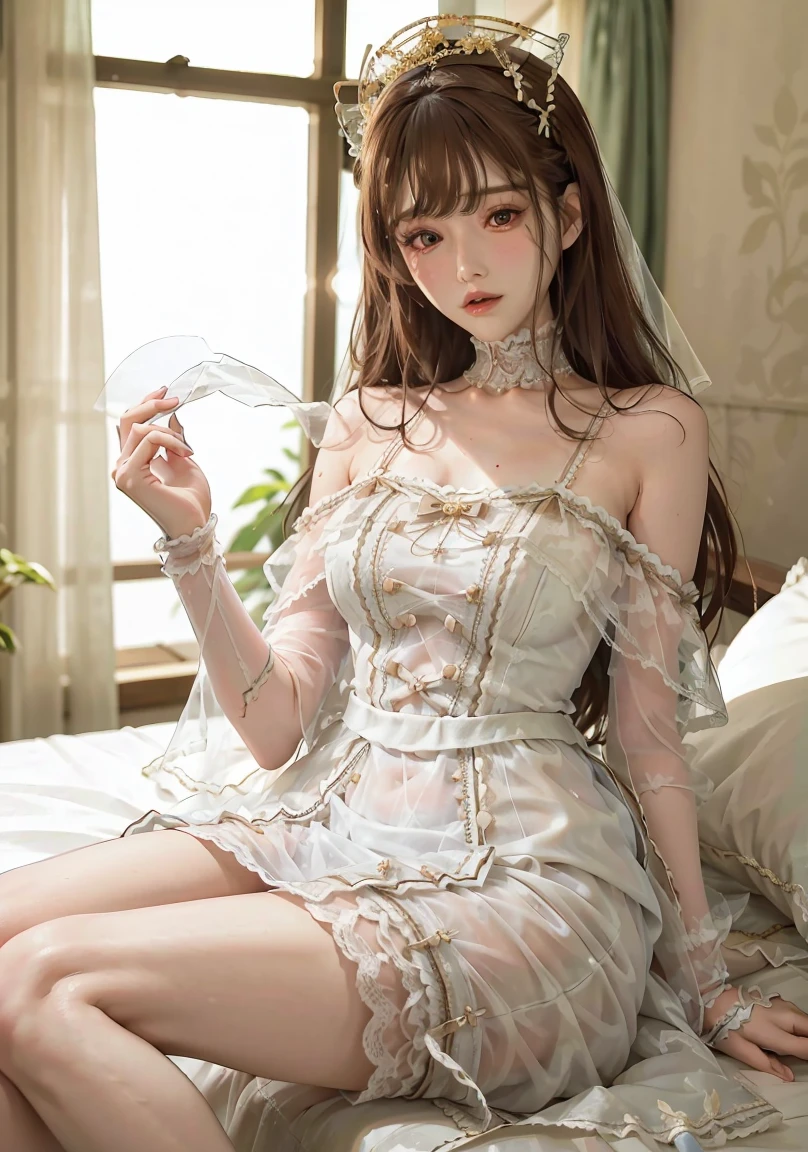 dress, bouffont dress, transparent long sleeves, daisies, cherry, 1 Girl, full-body shot,Lots of roses,Lying in bed naturally,Support your body with your elbows,Upper body backward,Elegant posture,Exquisite makeup,Clear face,Sunburn,Shy expression,big eyes,Full breasts,Visible cleavage,Sexy long legs,The skirt is short,Lifting skirt,Vibrant colors,Warm colors,black hair, Surrealism, 8k, super detail
