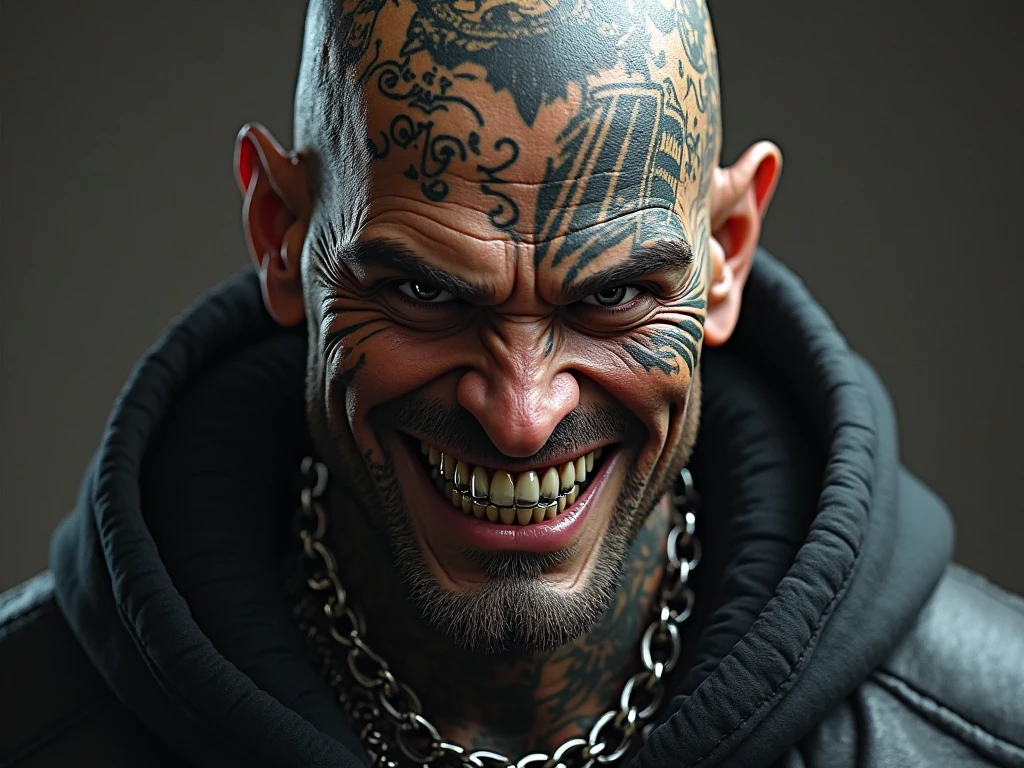 Create an image of a man in orange prison clothes, bald, tattooed all over his neck with a very large M on his forehead, standing with chains that are around his neck and thick chains, these chains are holding him as if he were a dog on a leash., He is in court being sentenced and laughing at the situation with a tattoo on his face too

