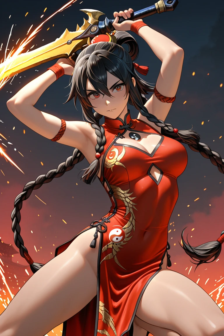 masterpiece, highest quality, solo, solo focus, (perfect face:1.1), (high detail:1.1), 1girl, mature lady, tall body, age 26, street brawler, (black hair, long hair, ponytail hair, right side bangs), green eyes, chinese fighting uniform, red sleeveless wushu uniform, black leotard, bare legs, thighhighs, white knee high boots, dynamics fighting pose, fighting stance, fighting tournament ring backdrop, serious, determined, mixed martial arts fighter, her body infused with red aura, red stellar energy around, cosmic power, cosmic shining power, full body shot, cowboy shot.