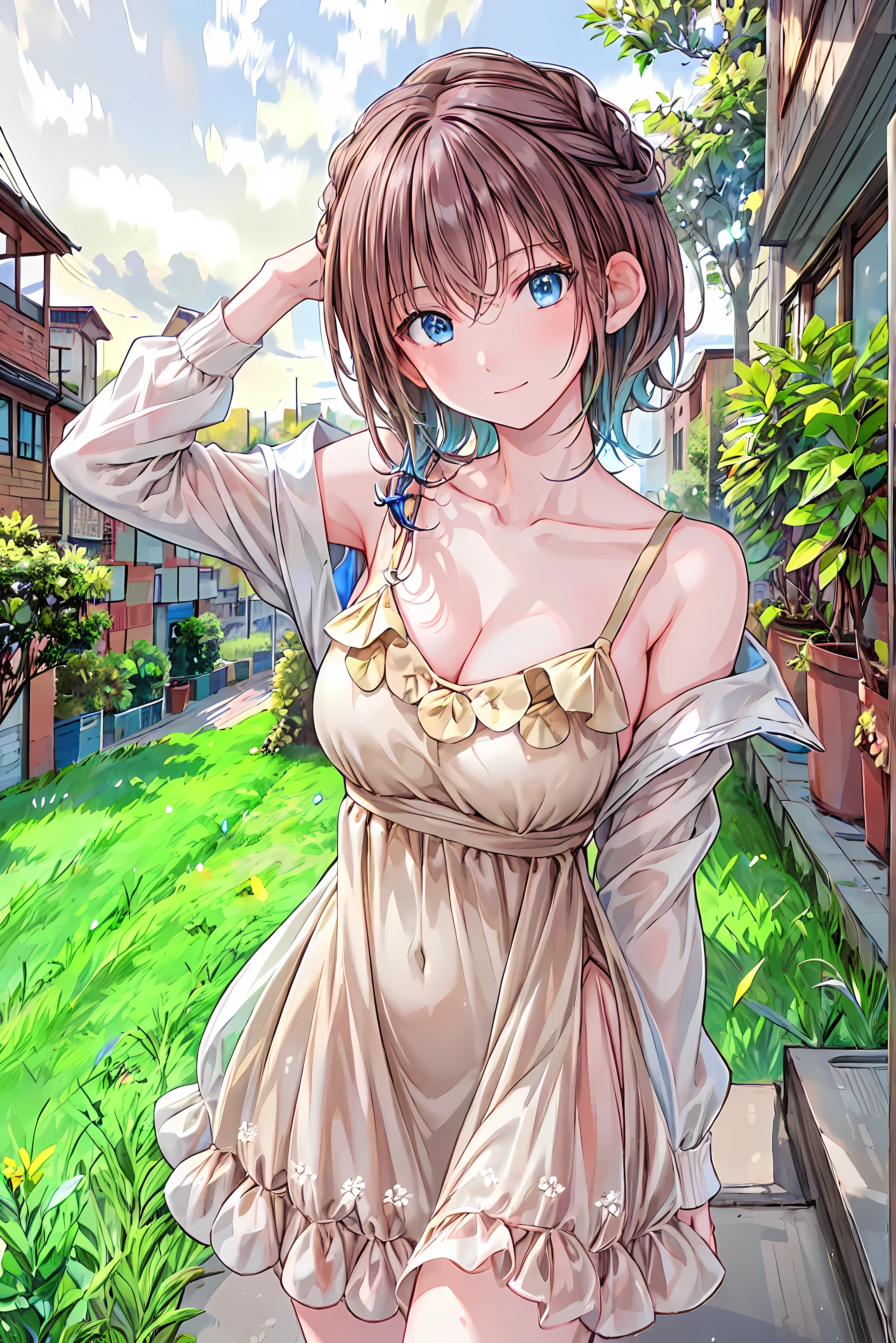 ore no imouto ga konna ni kawaii wake ga nai, 25-yers-old girl with crimson red hair- pulled up into twin ponytails, wearing a blue sundress, country field background, smiling, walking 
